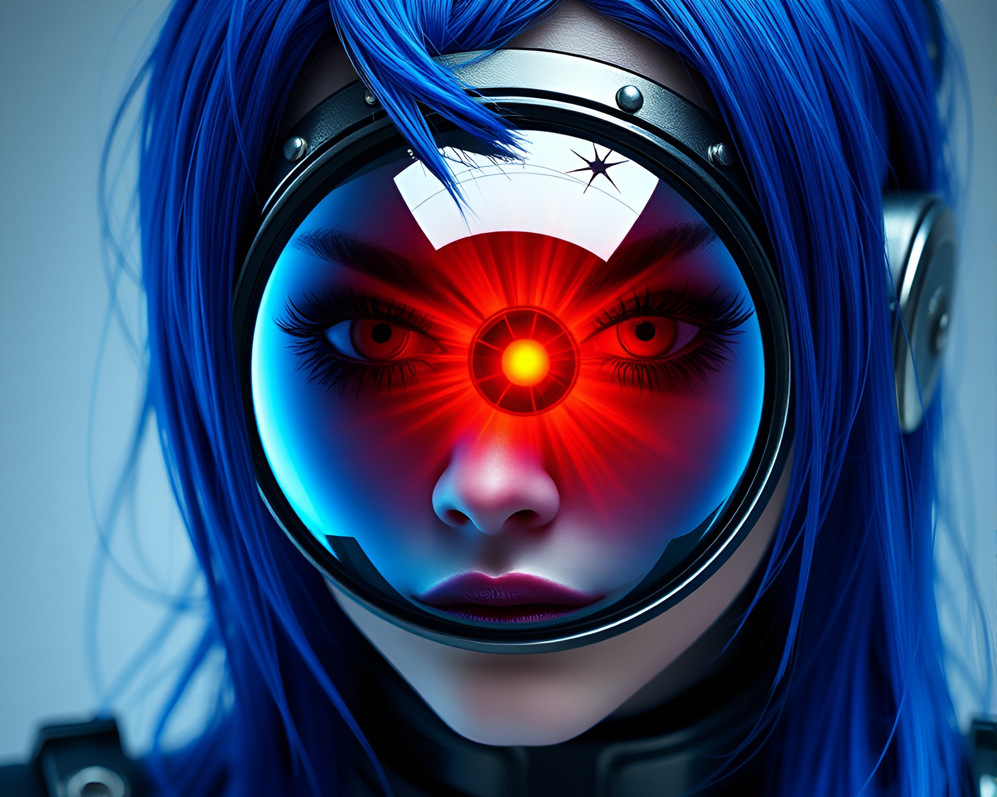 Mechanical Spider Lens Sunburst in Cobalt Blue Light – free AI stock image