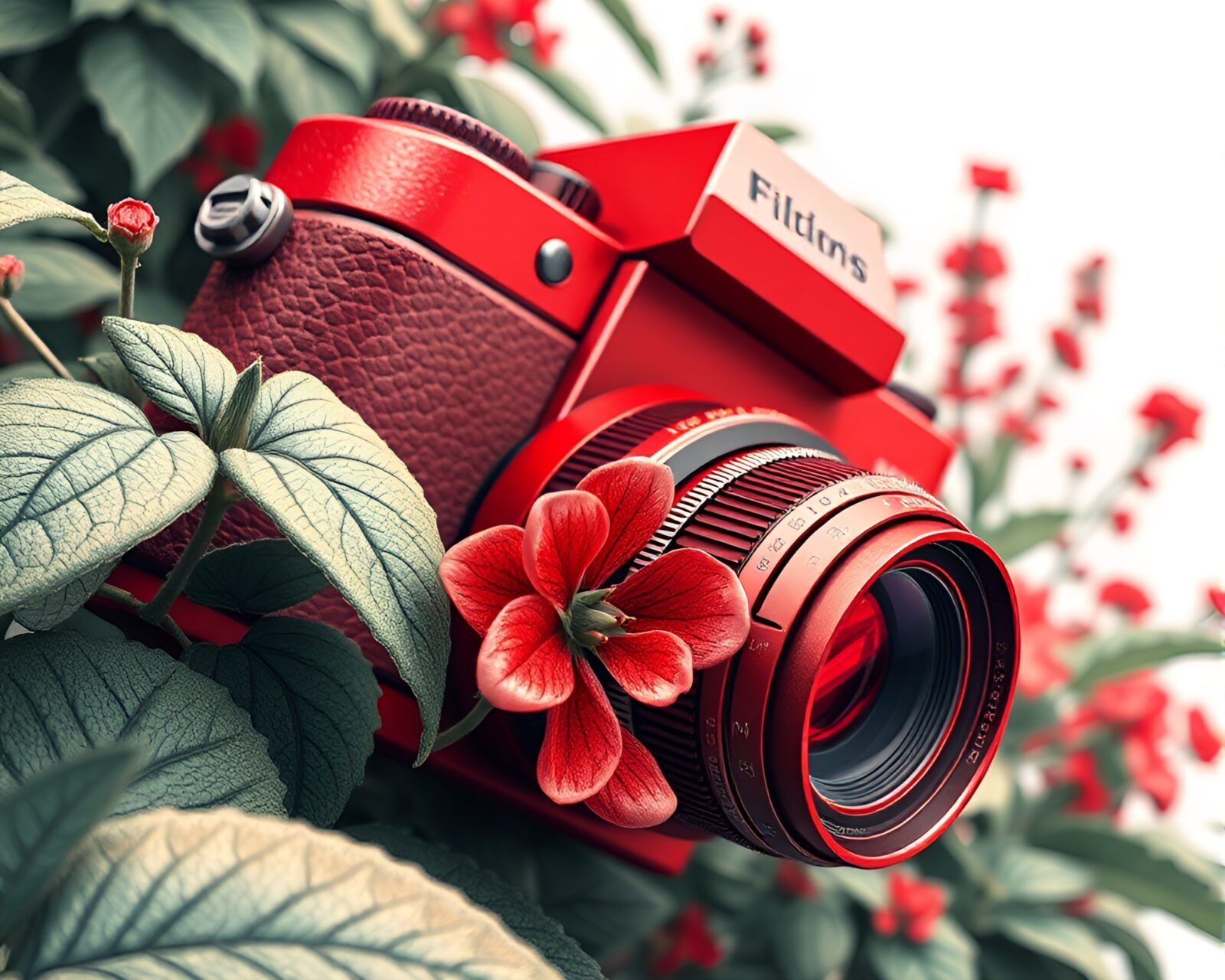 Tilted angle botanical illustration in red hues