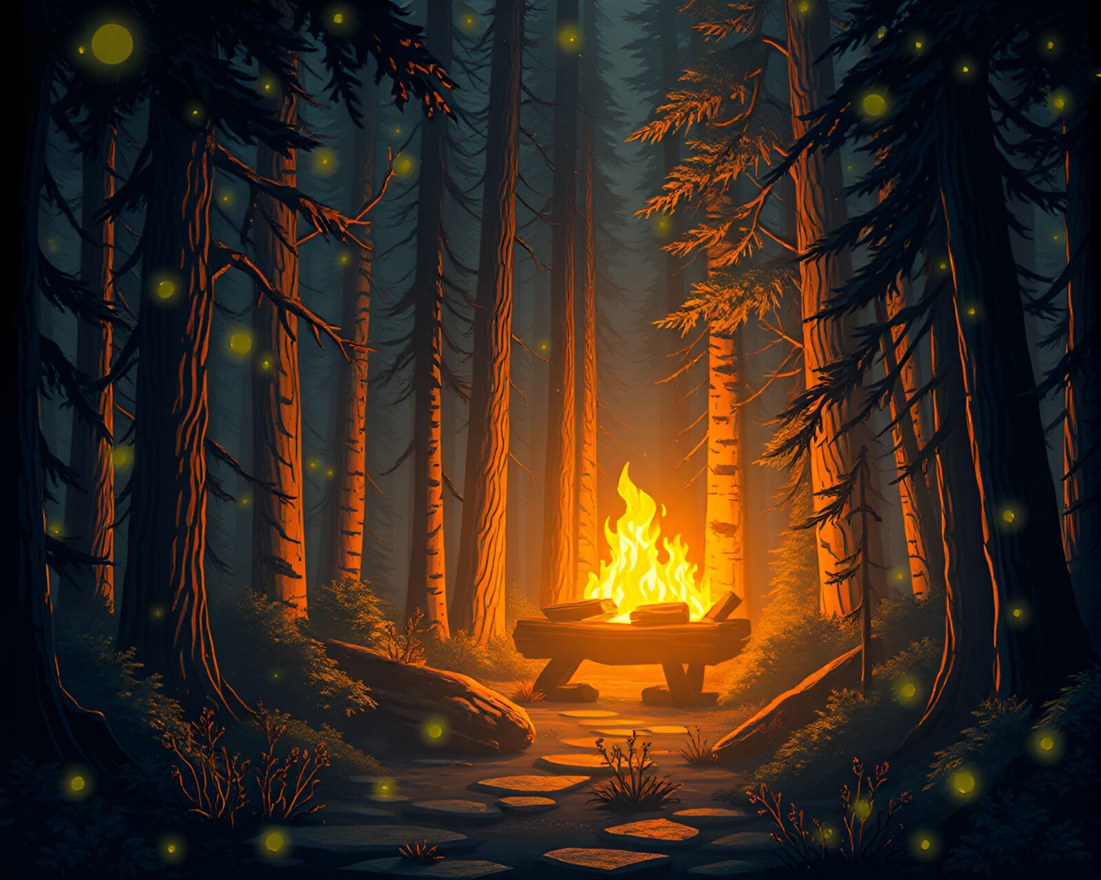 Luminous forest glowing with golden hues in pixel art