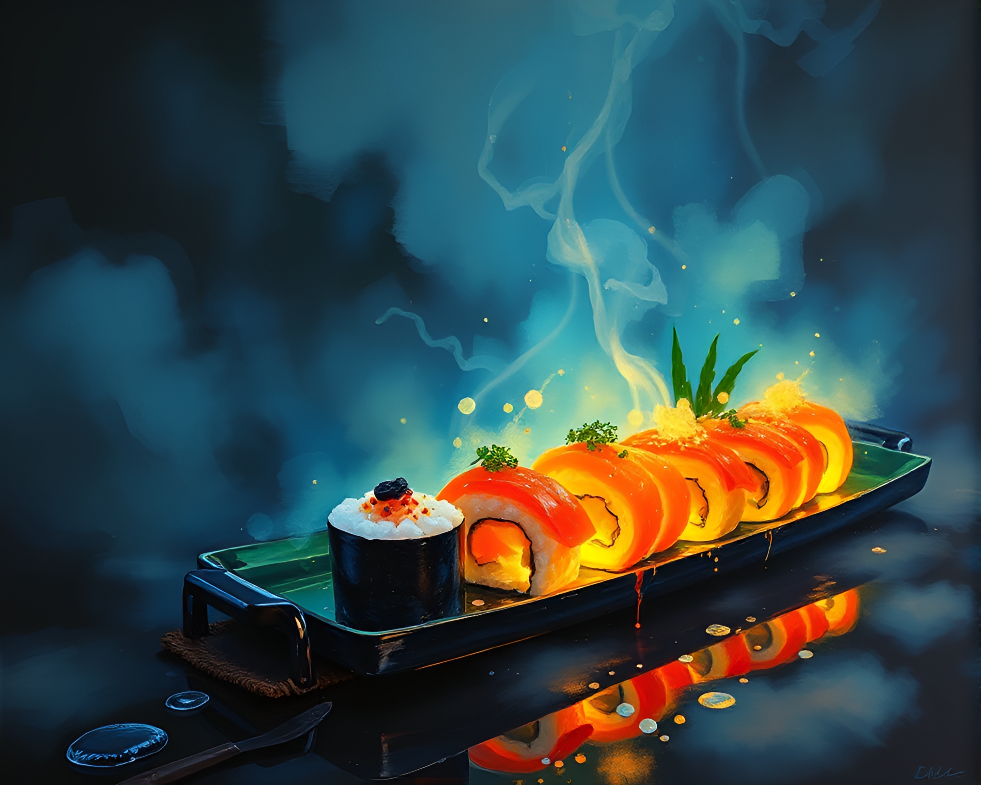 Bioluminescent Sushi Platter in a Foggy Expressionist Scene – free AI stock image