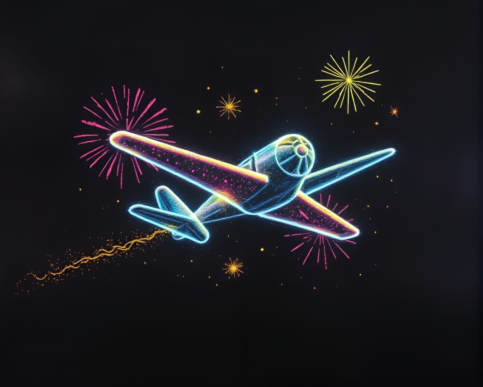 Vibrant chalk drawing of airplane surrounded by festival fireworks