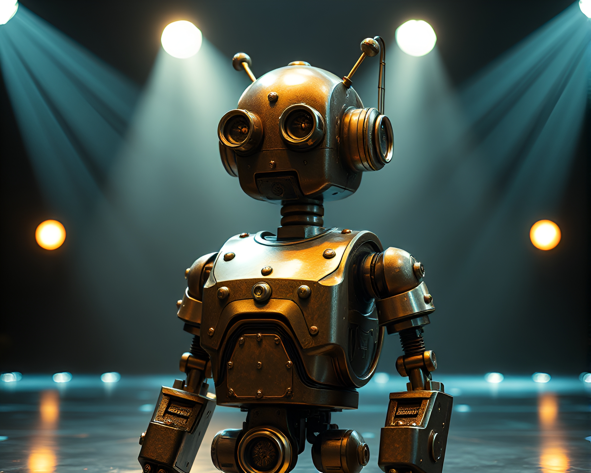 Steampunk Robot in Bronze Patina Spotlight – free AI stock image
