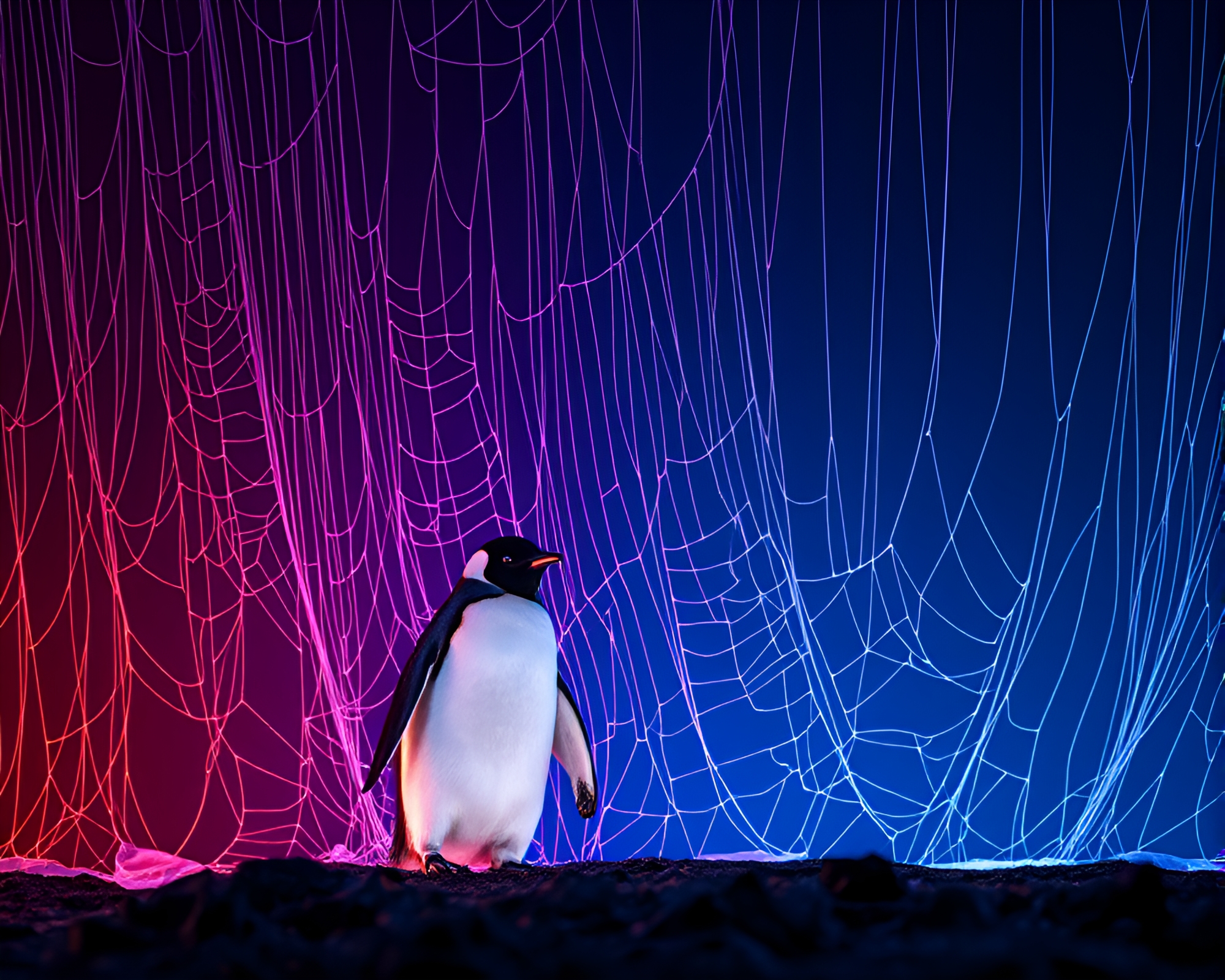 Iridescent Penguin in Cobweb Wonderland – free AI stock image