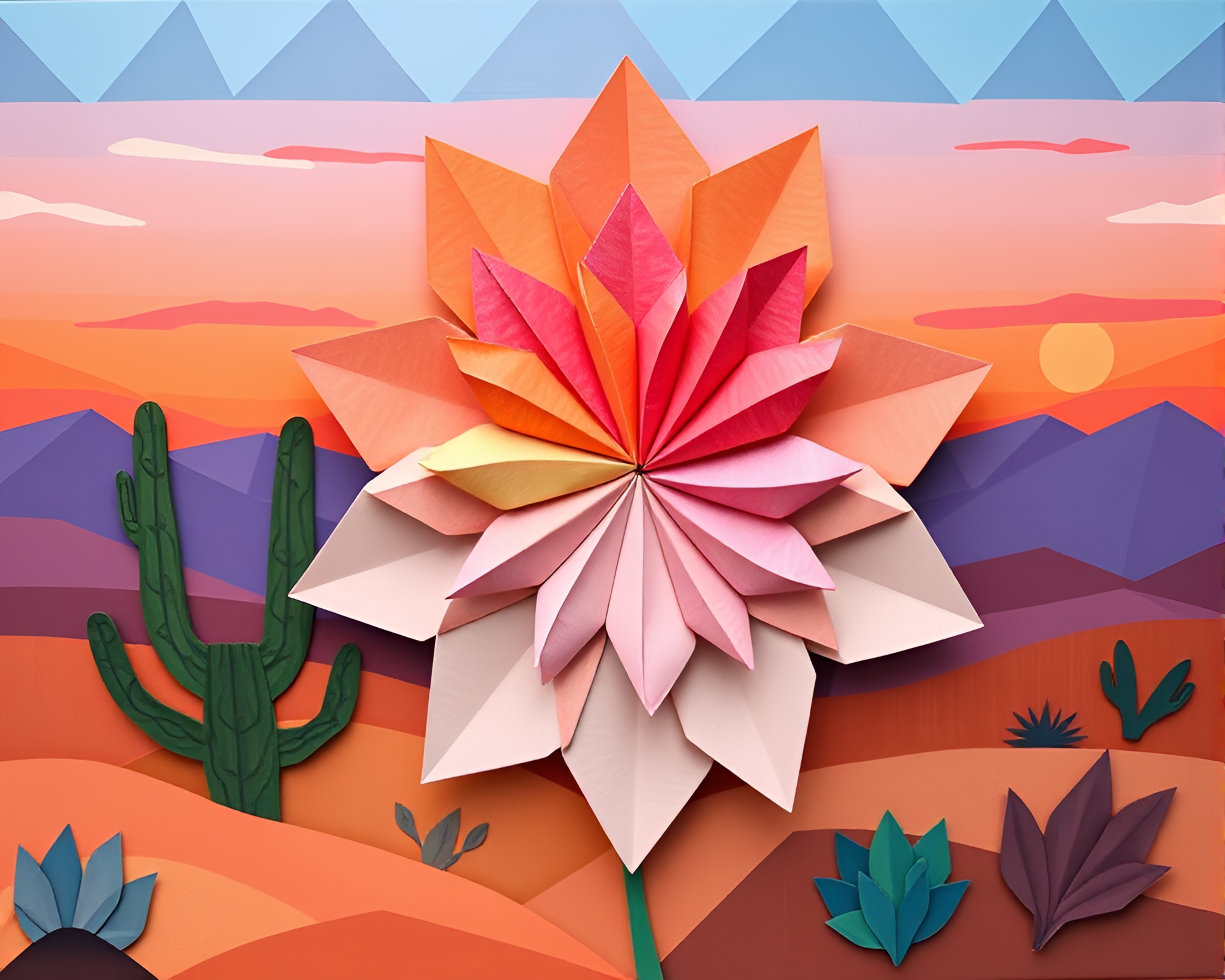 Desert Origami Bloom: Mural Masterpiece at Sunset – free AI stock image