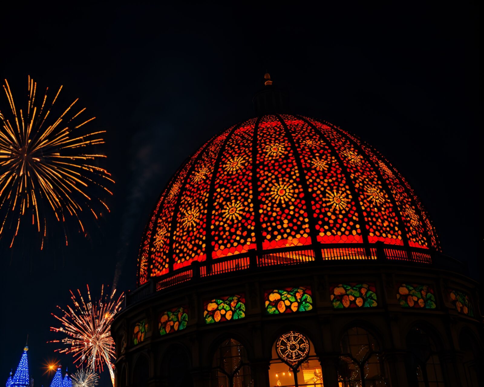 Colorful festival fireworks reflecting on intricate glass dome ceiling