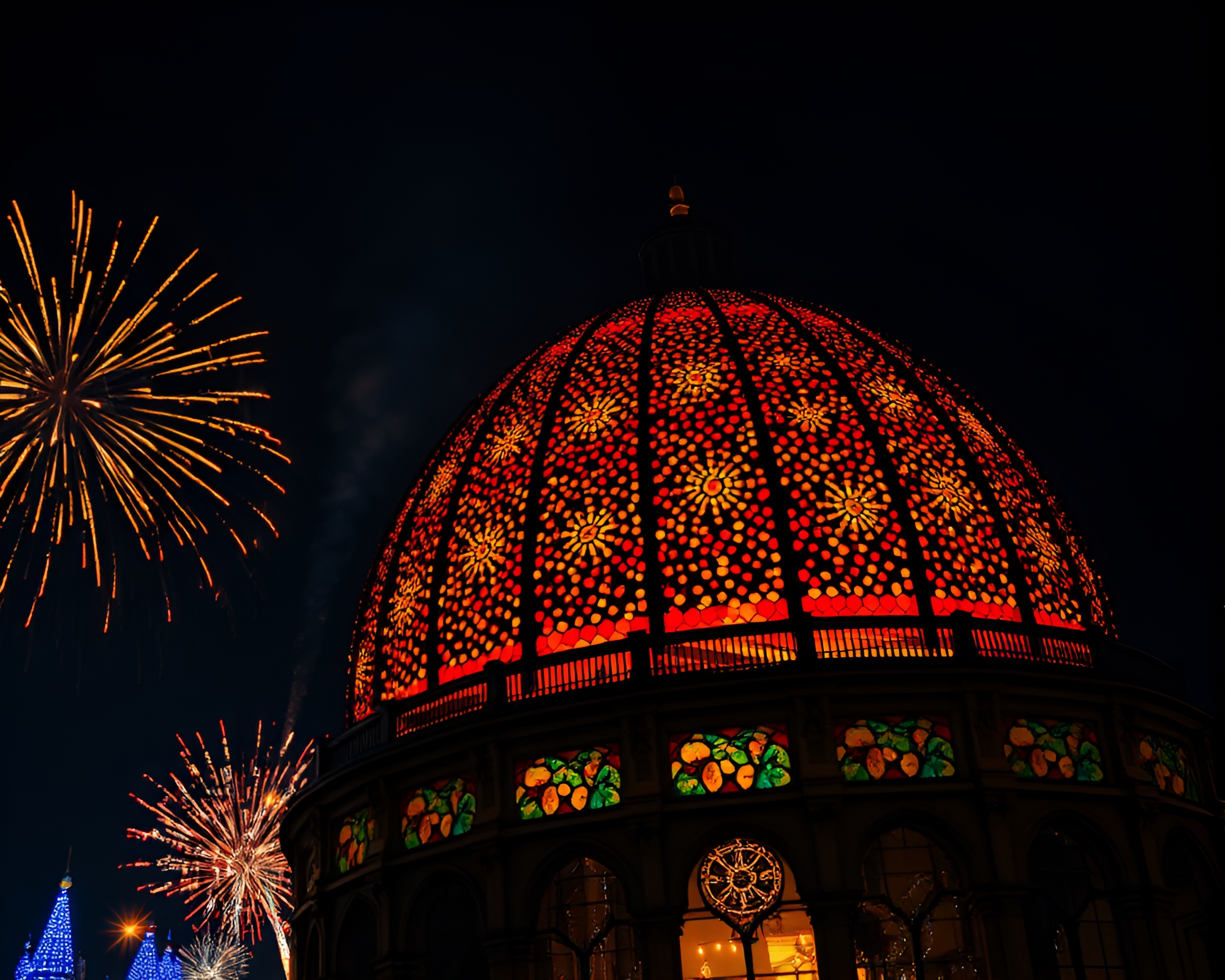 Pointillist fireworks illuminate grand stained glass dome – free AI stock image