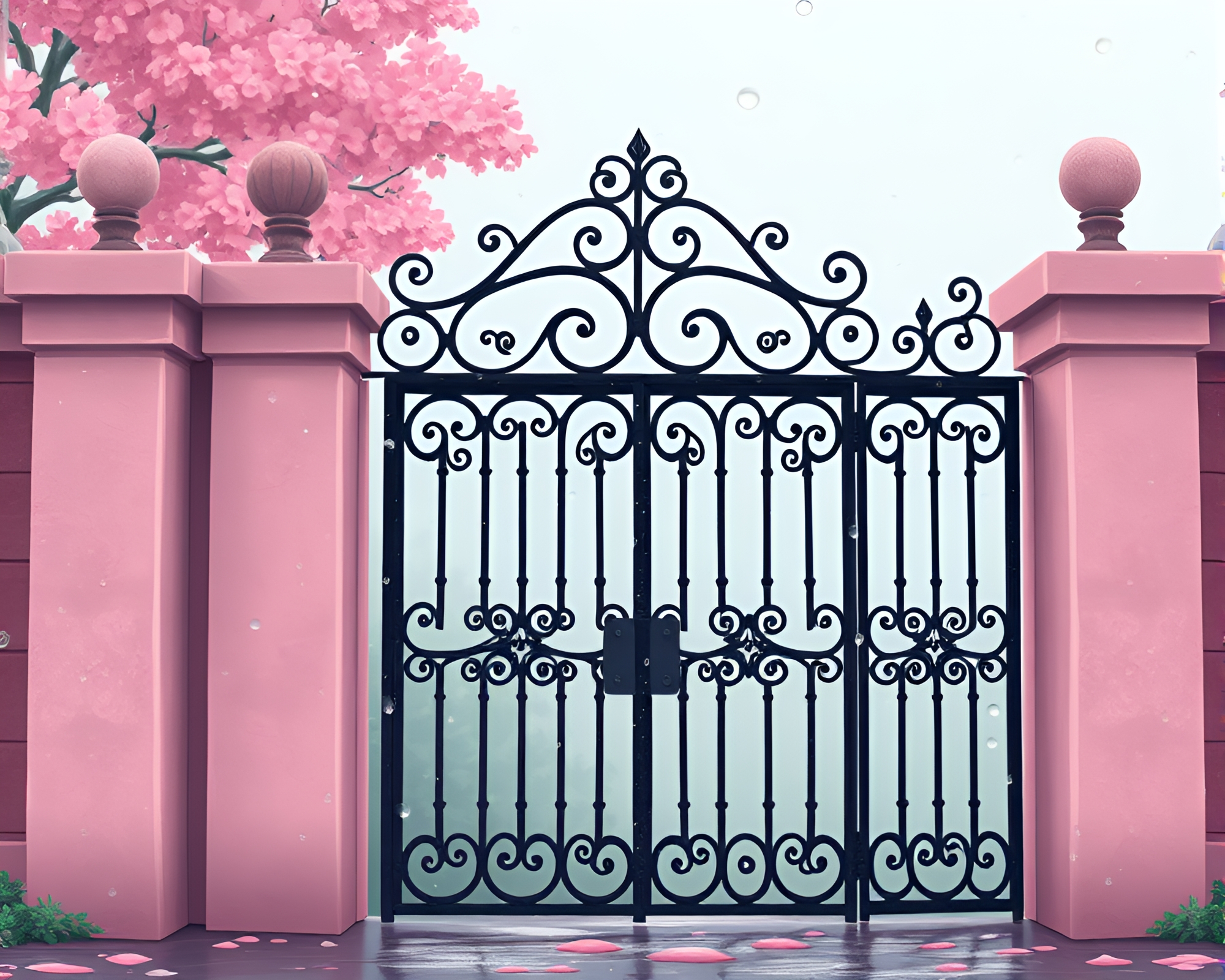Whimsical Water Droplets on Elegant Wrought Iron Gate – free AI stock image