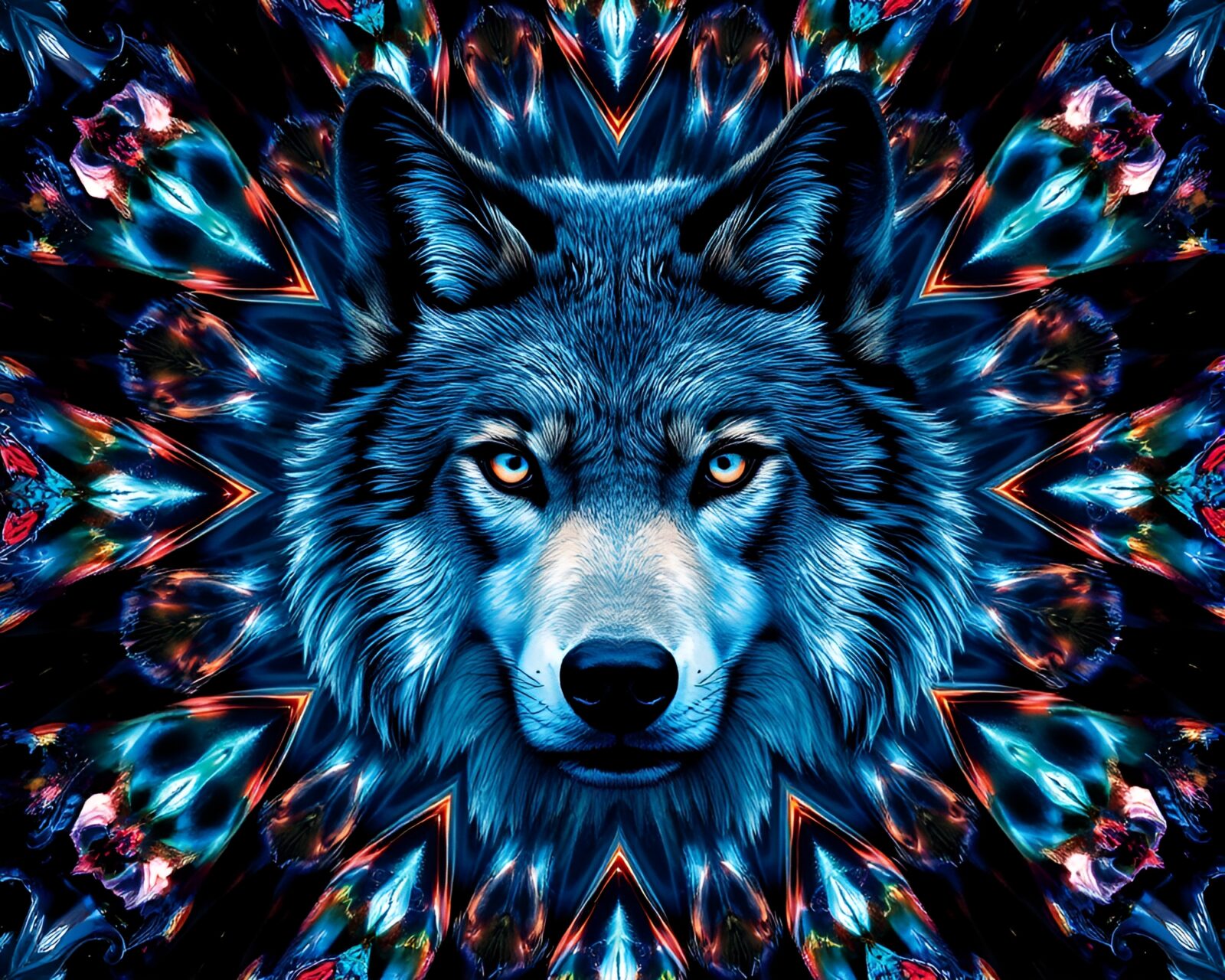 Mystical image of a wolf under moonlight in a kaleidoscope of colors