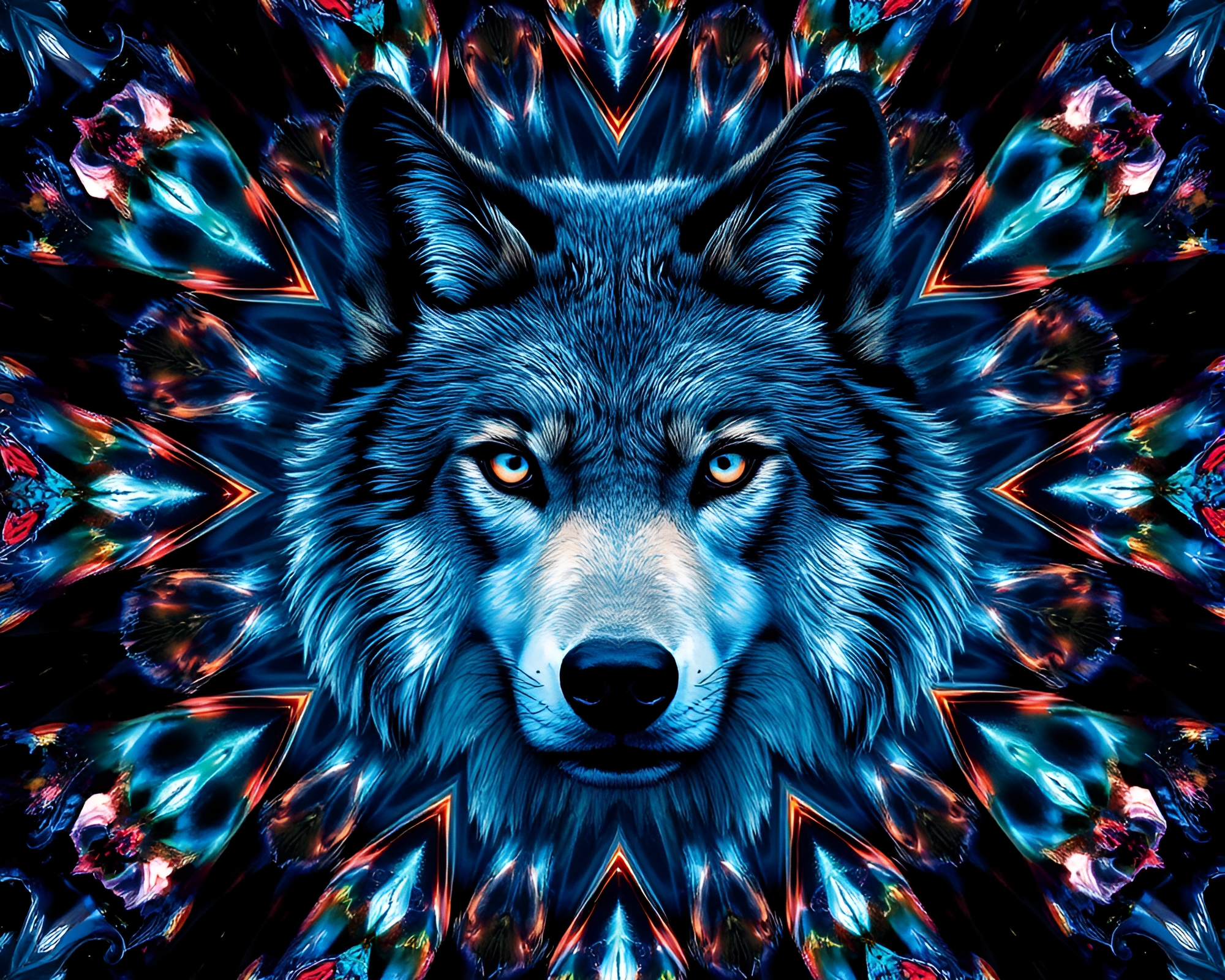 Moonlit Wolf in Fractal Kaleidoscope Glow – free AI stock image