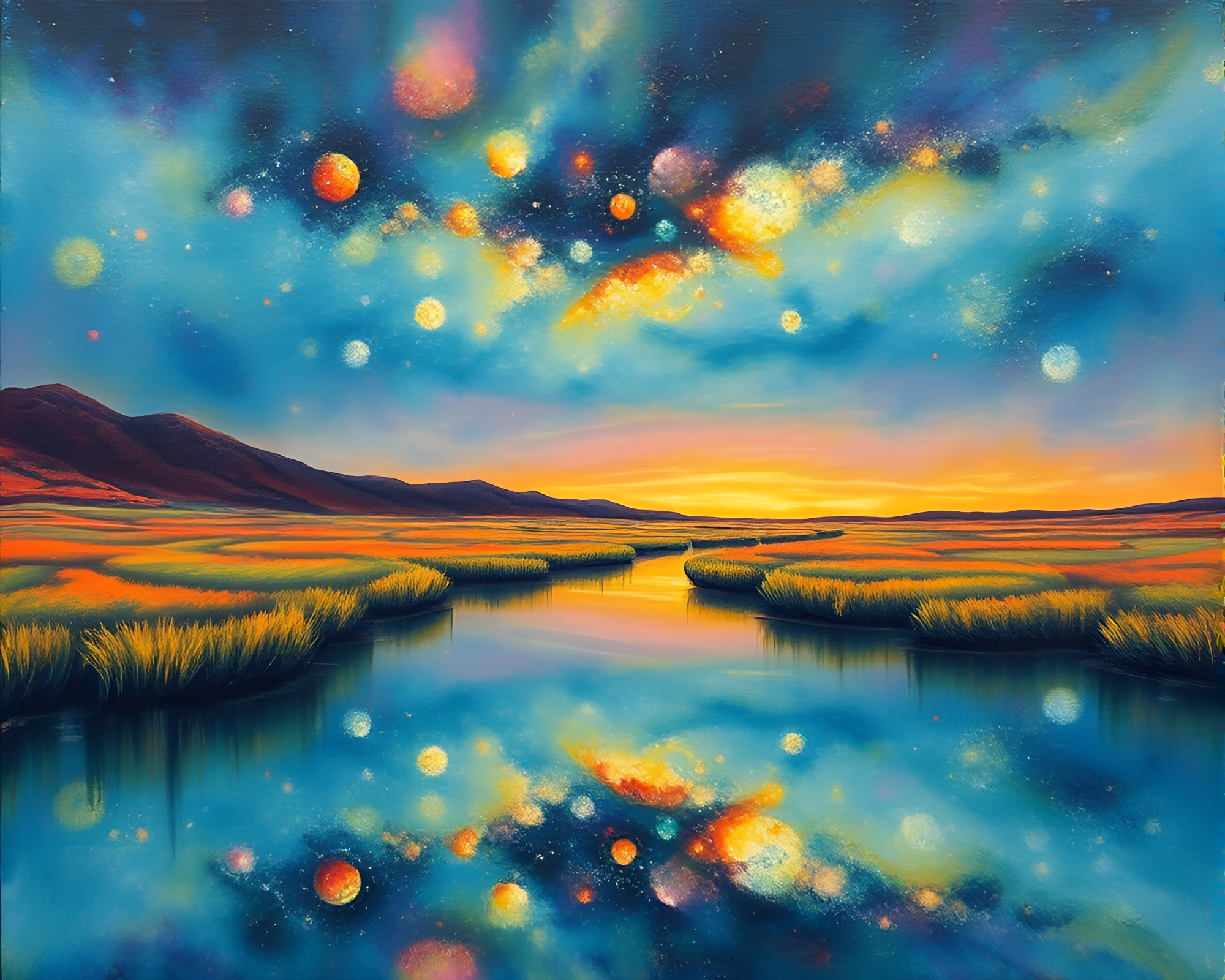 Cosmic Dual Reflection in Abstract Acid Wash Space Habitat – free AI stock image