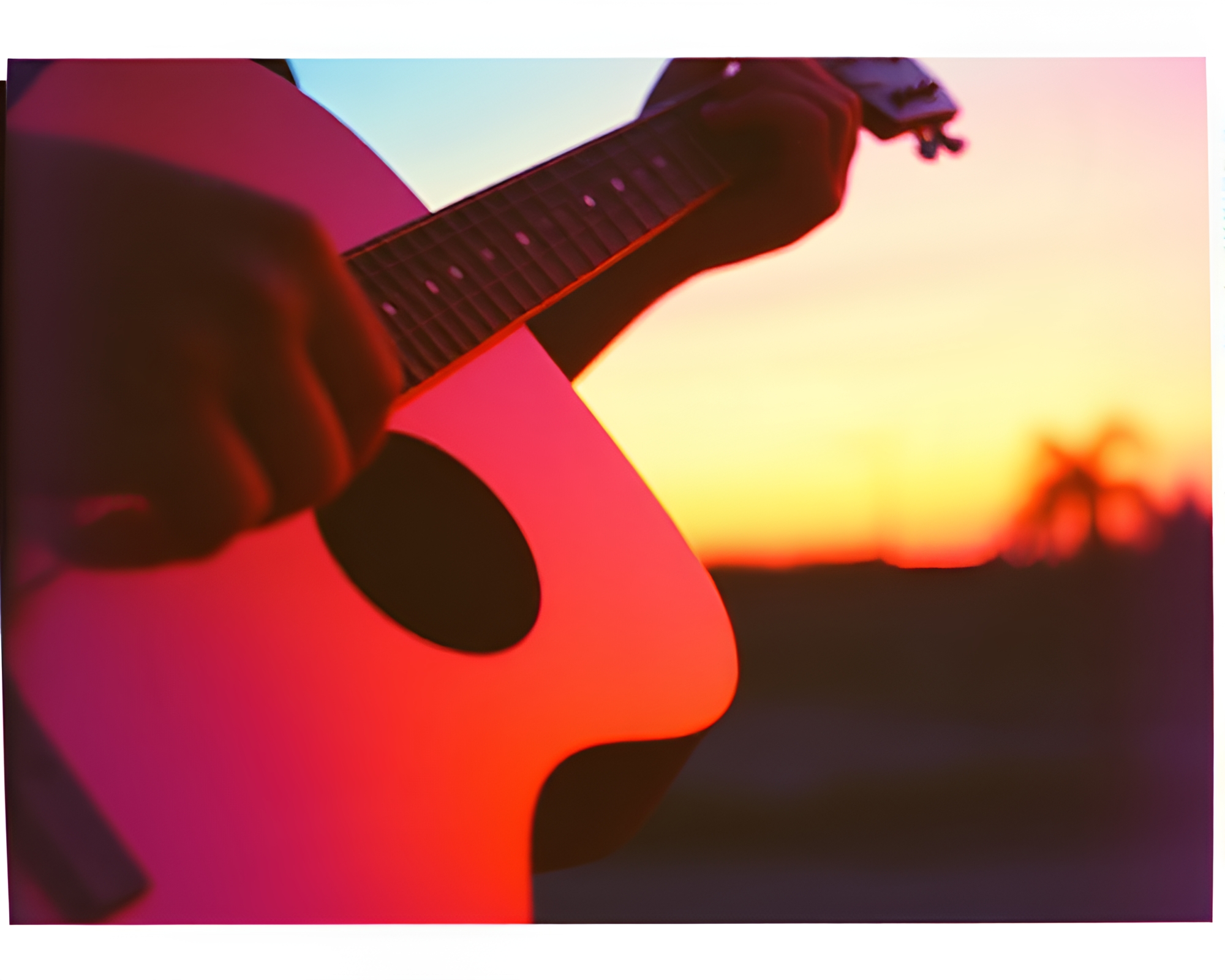 Guitar in Soap Film Iridescence at Dusk – free AI stock image