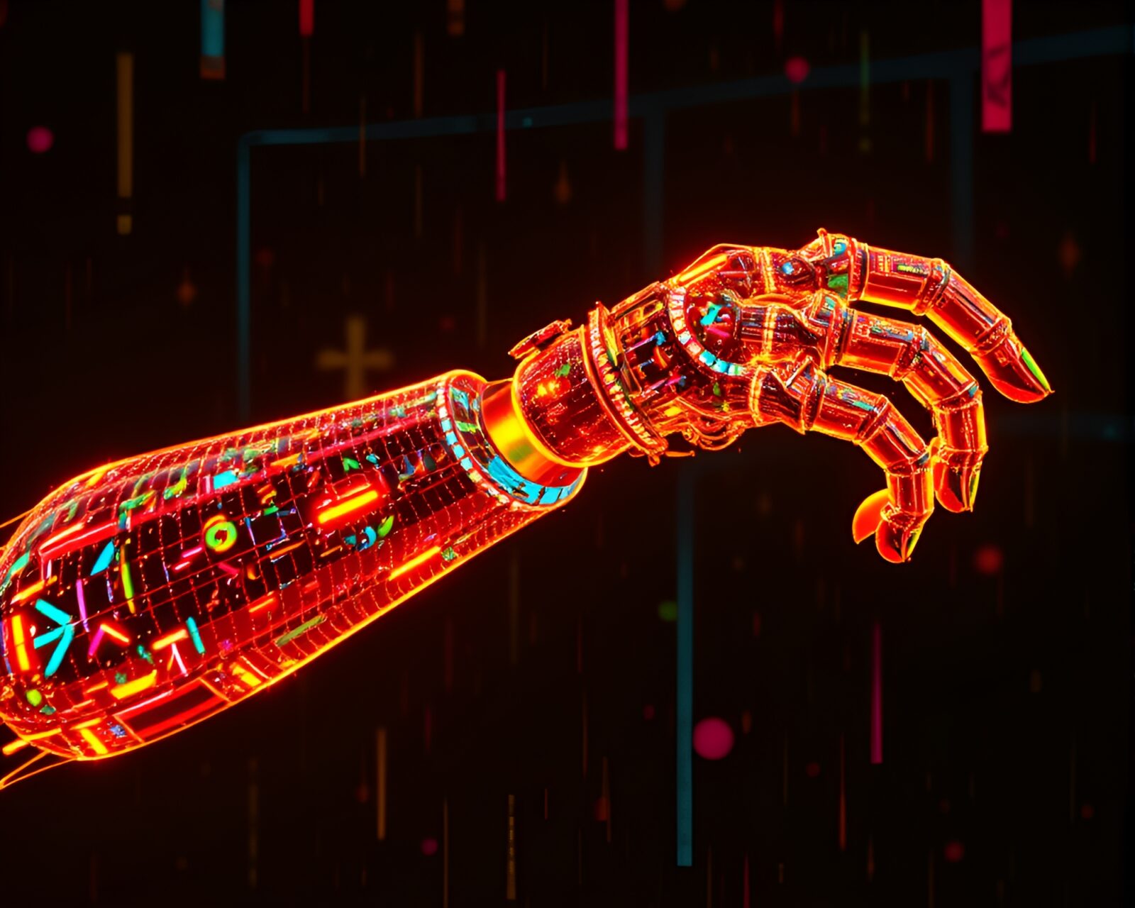 Futuristic robotic arm intertwined in glitchy fractal patterns
