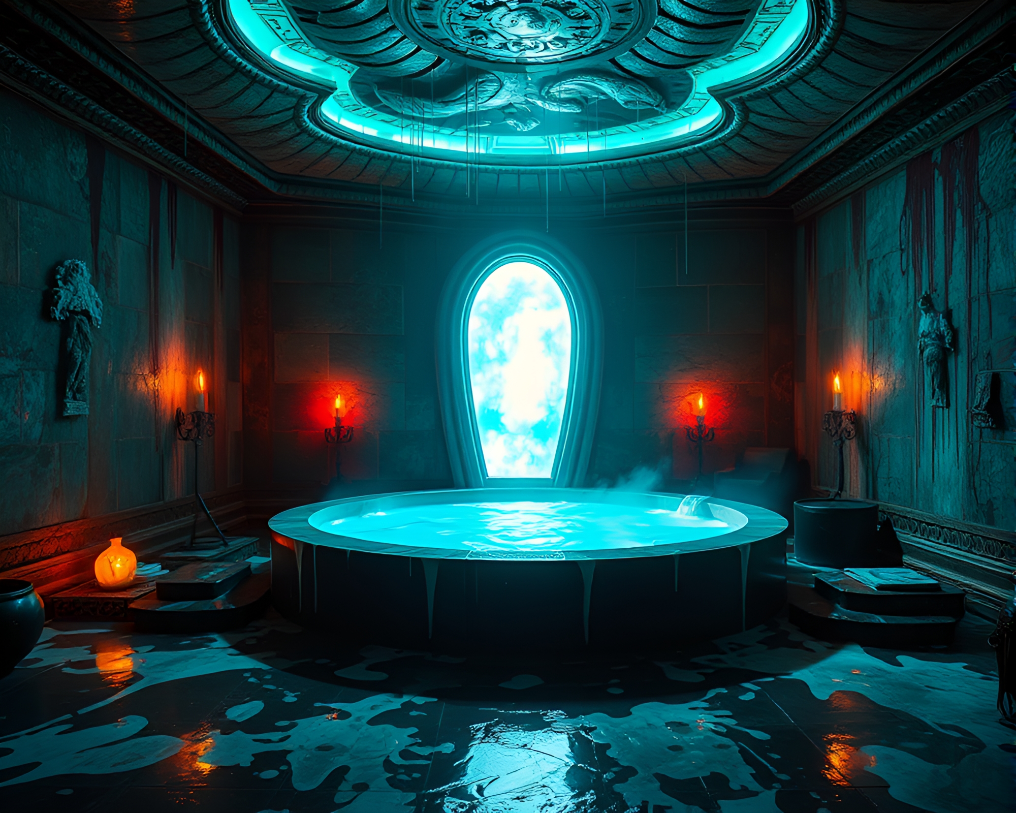 Enchanted Hot Spring Throne Room with Lens Flare – free AI stock image