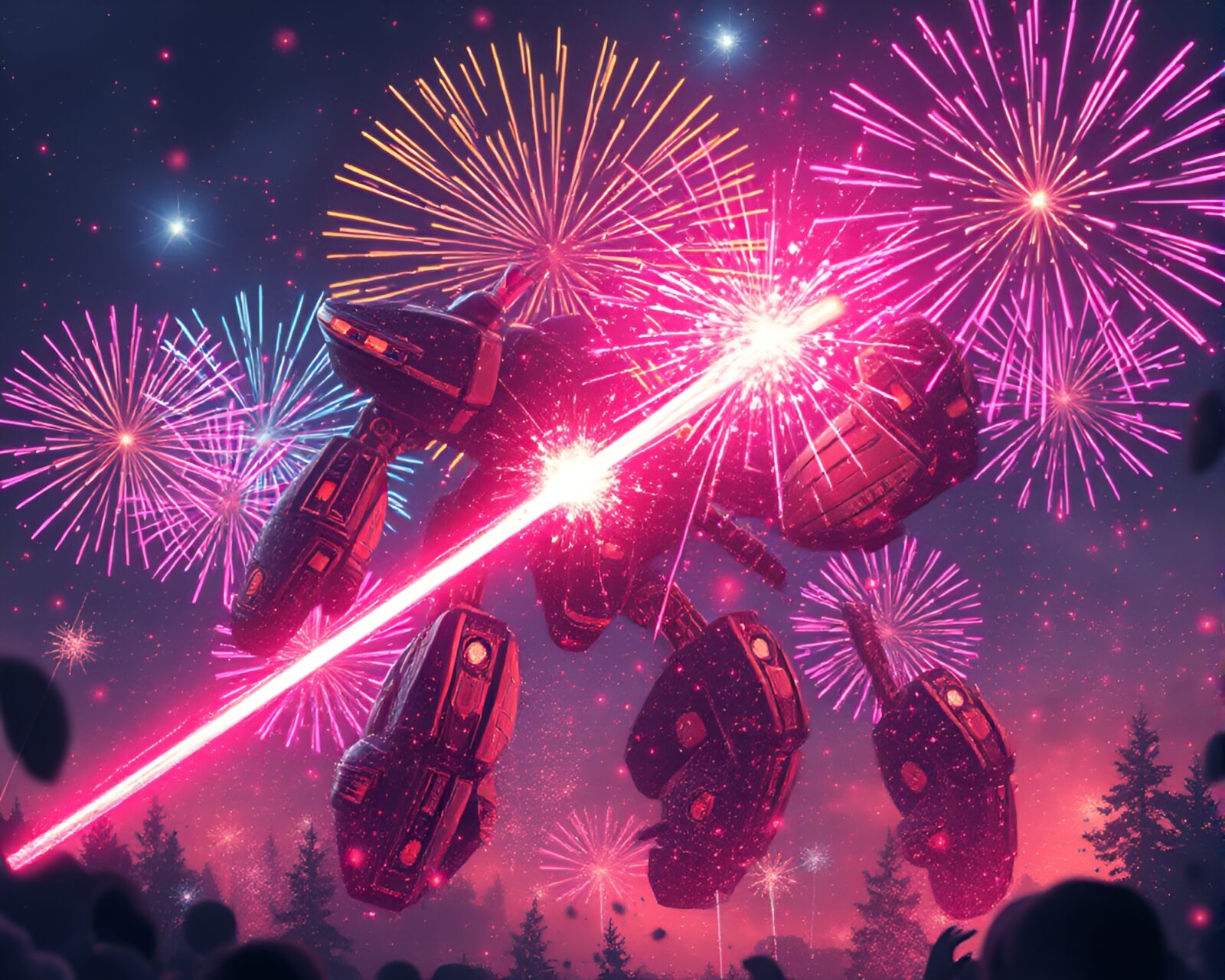 Colorful festival fireworks illuminate battling mechs in bubble clusters