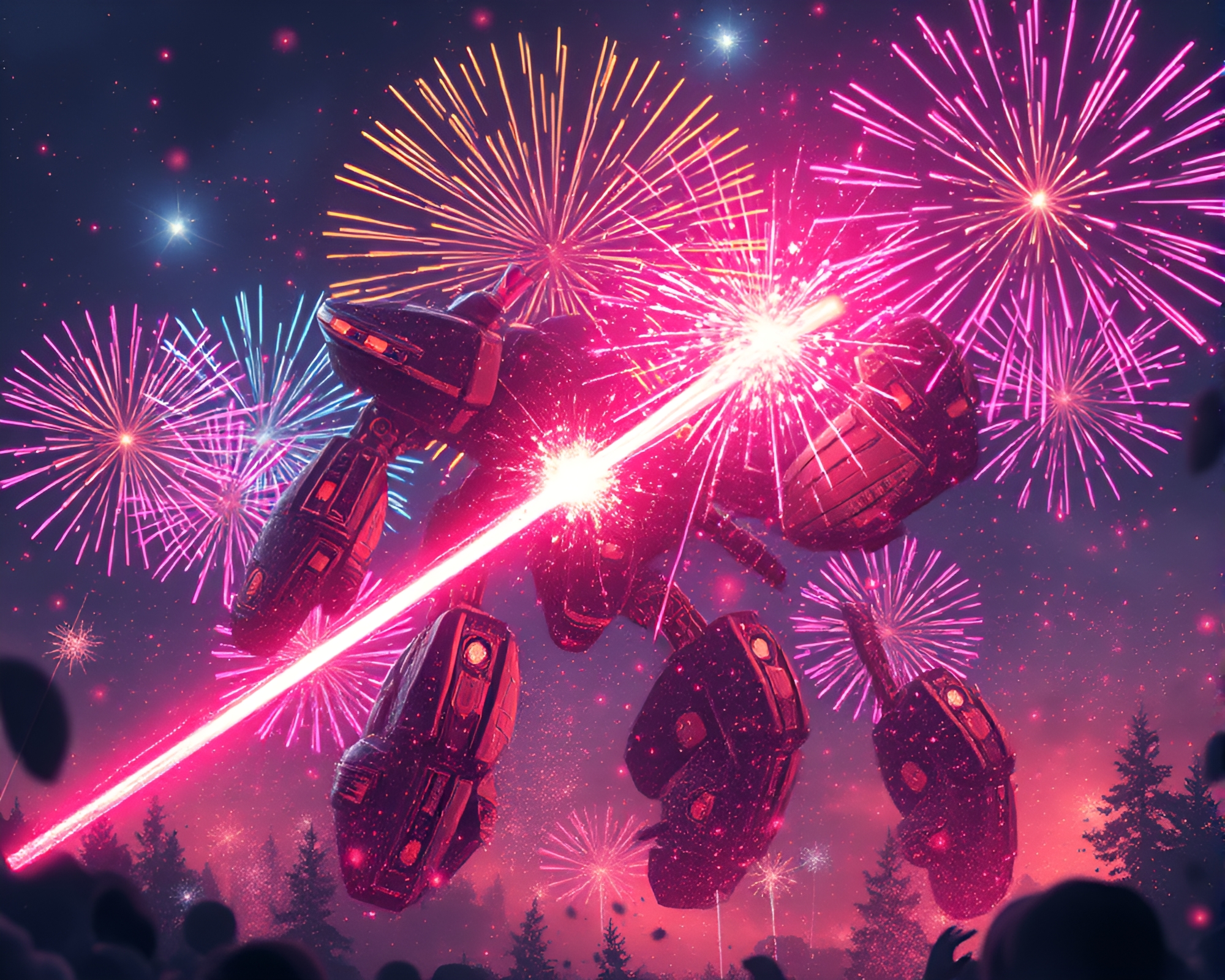Mech Battle in Festival Fireworks Bubble Cluster – free AI stock image