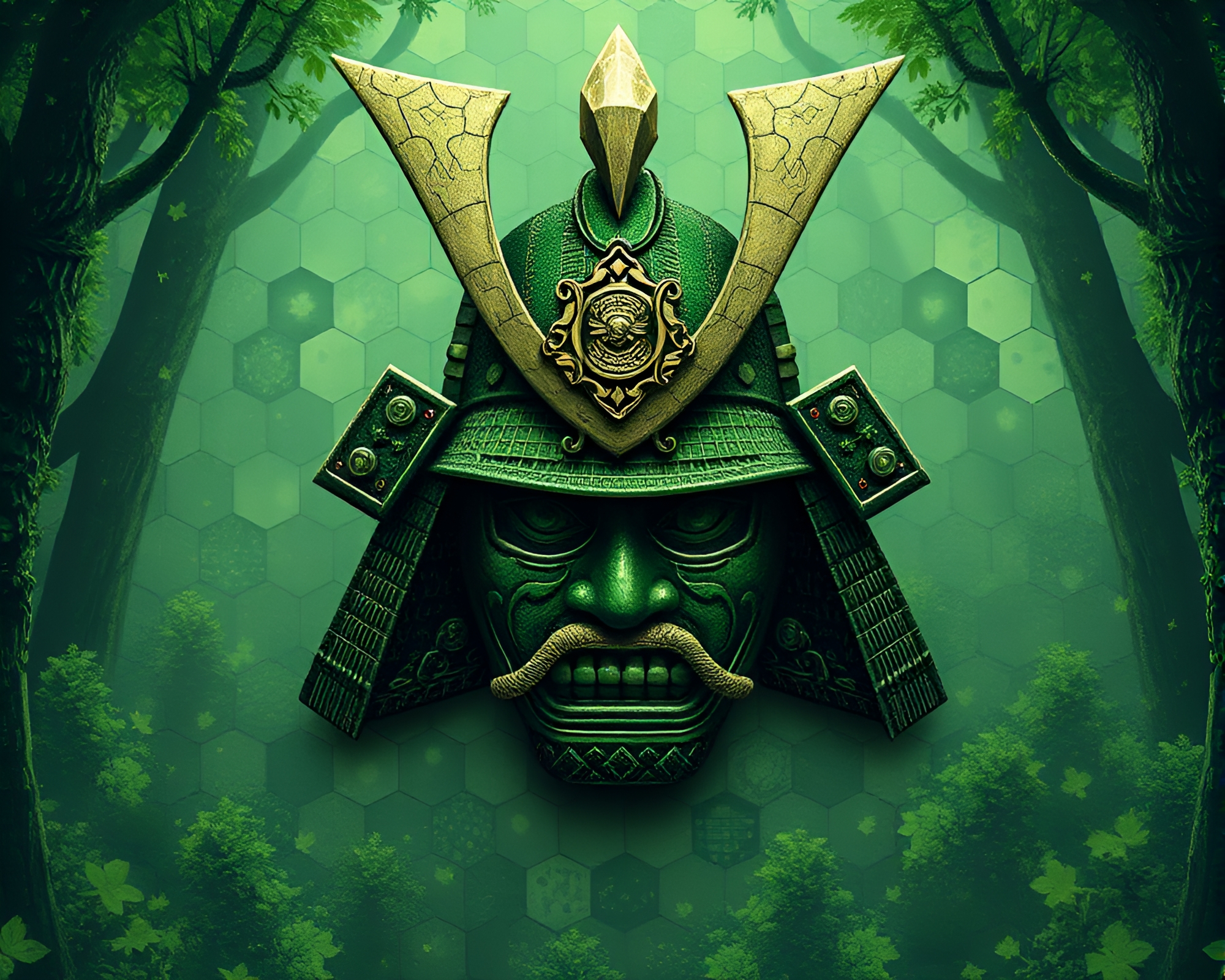 Enchanted Samurai Helmet in Hexagonal Forest – free AI stock image