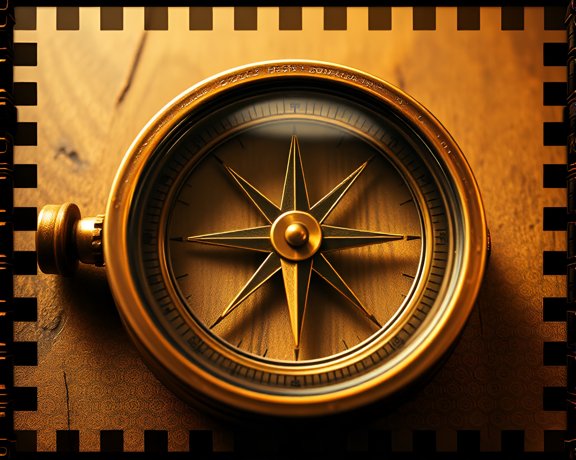 Distorted Glass Compass Glowing in Bronze Film Border – free AI stock image