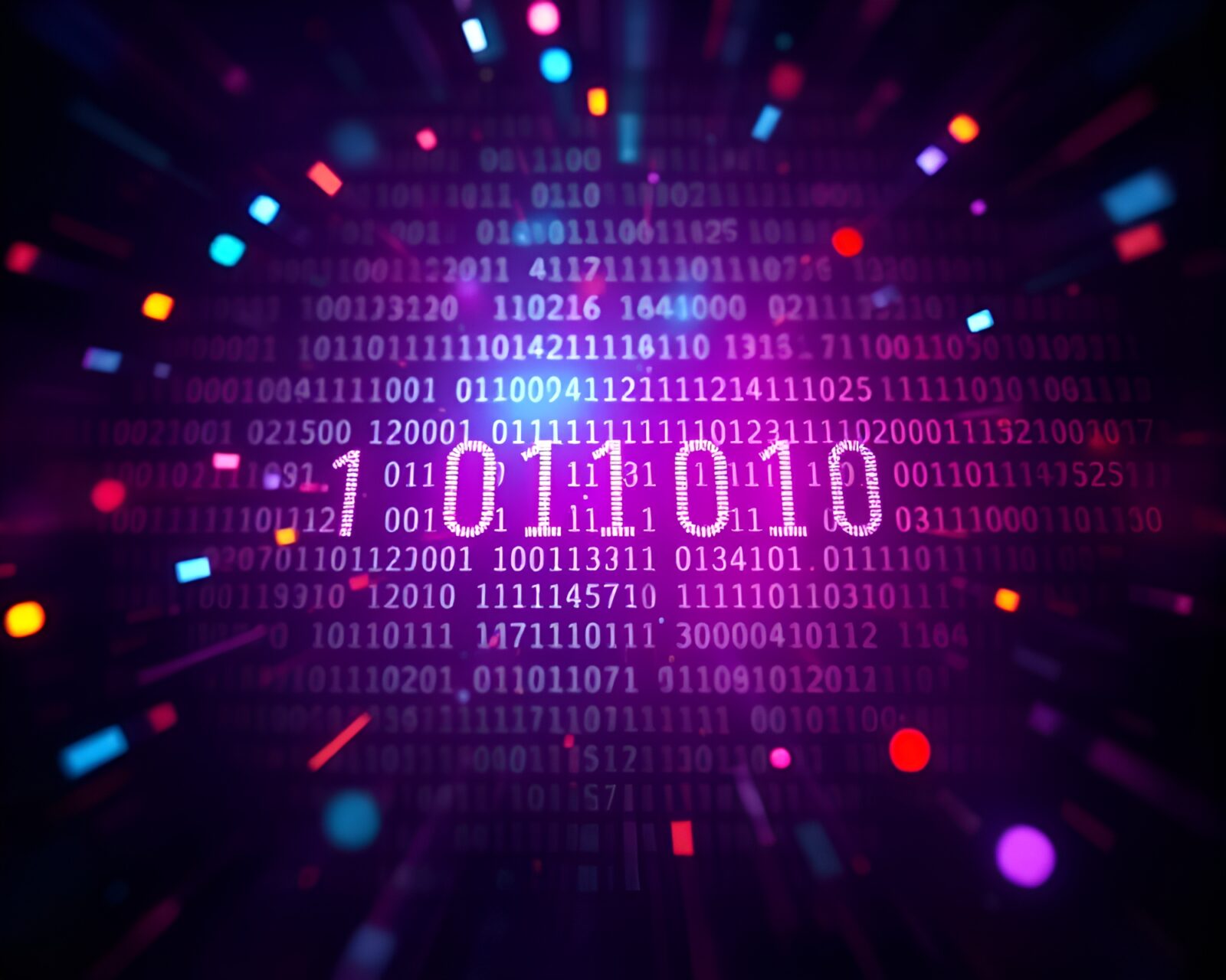 Centered binary code with shimmering iridescent highlights on material design background