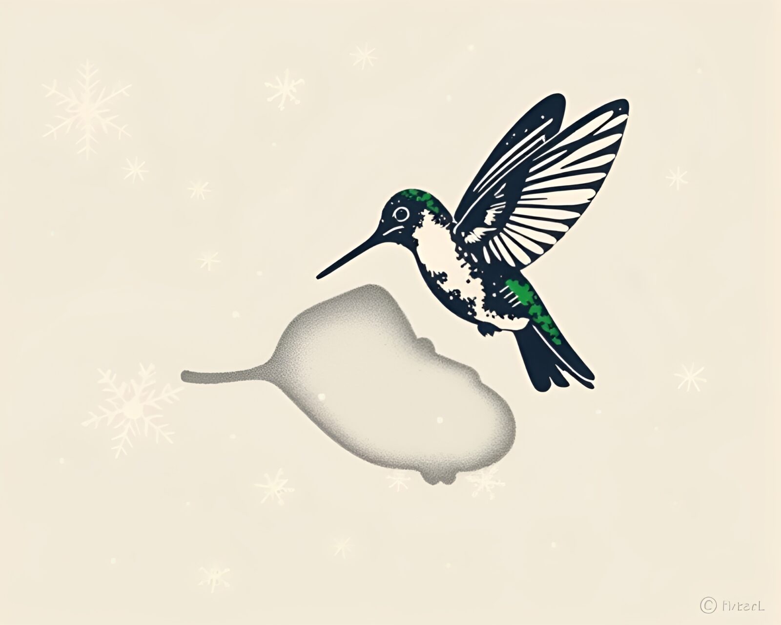 A detailed woodcut print of a hummingbird with snowflakes