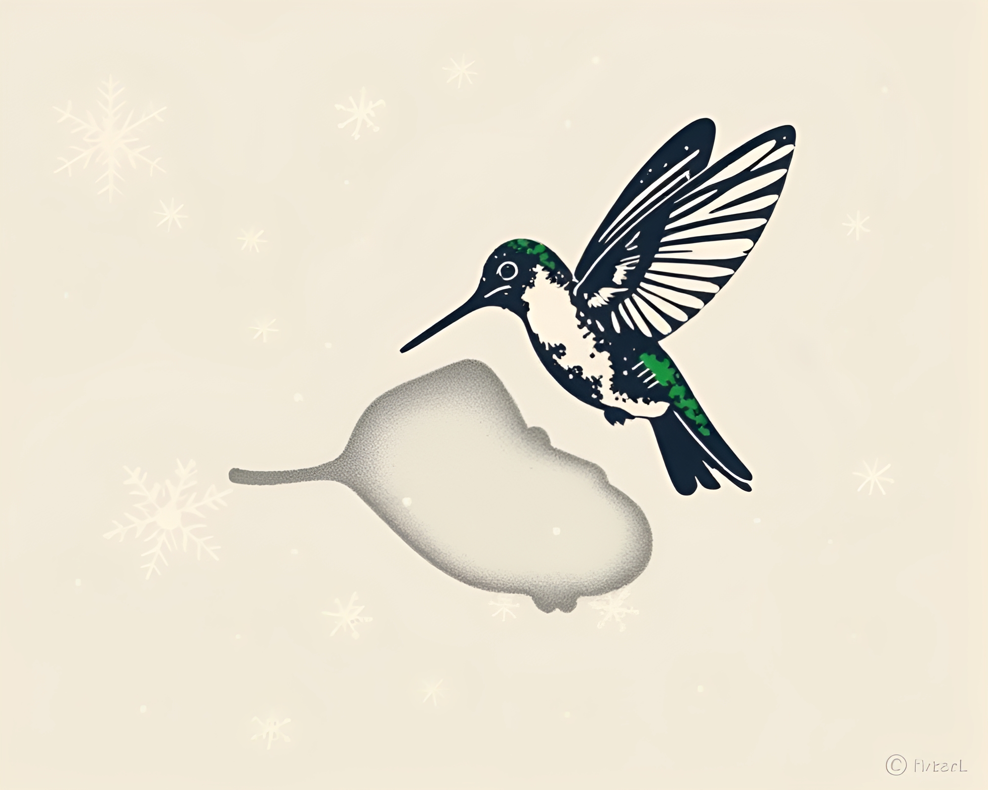 Snowflake Hummingbird: Woodcut Print Artwork – free AI stock image