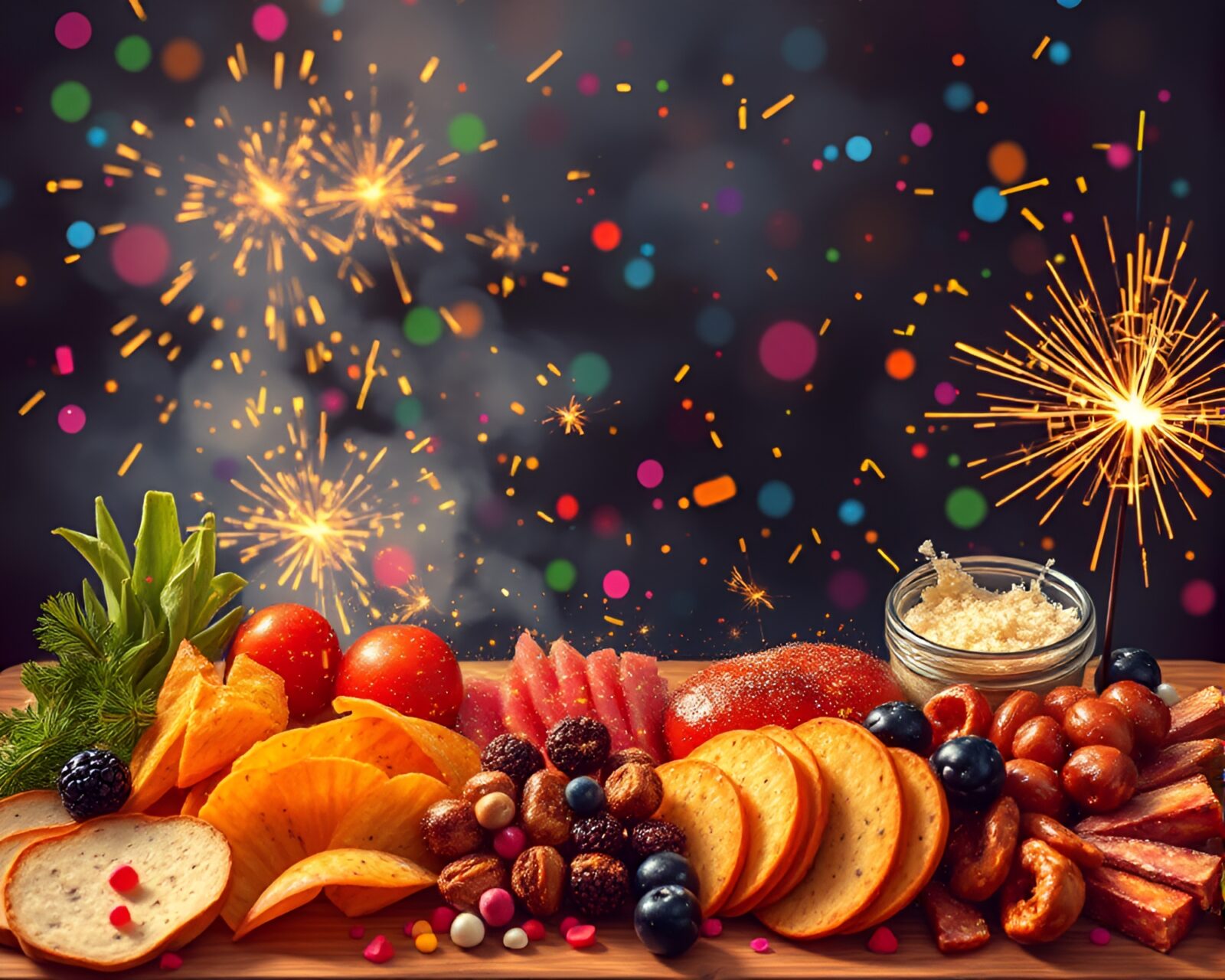 Digital painting of sparklers swirling around a vibrant charcuterie board