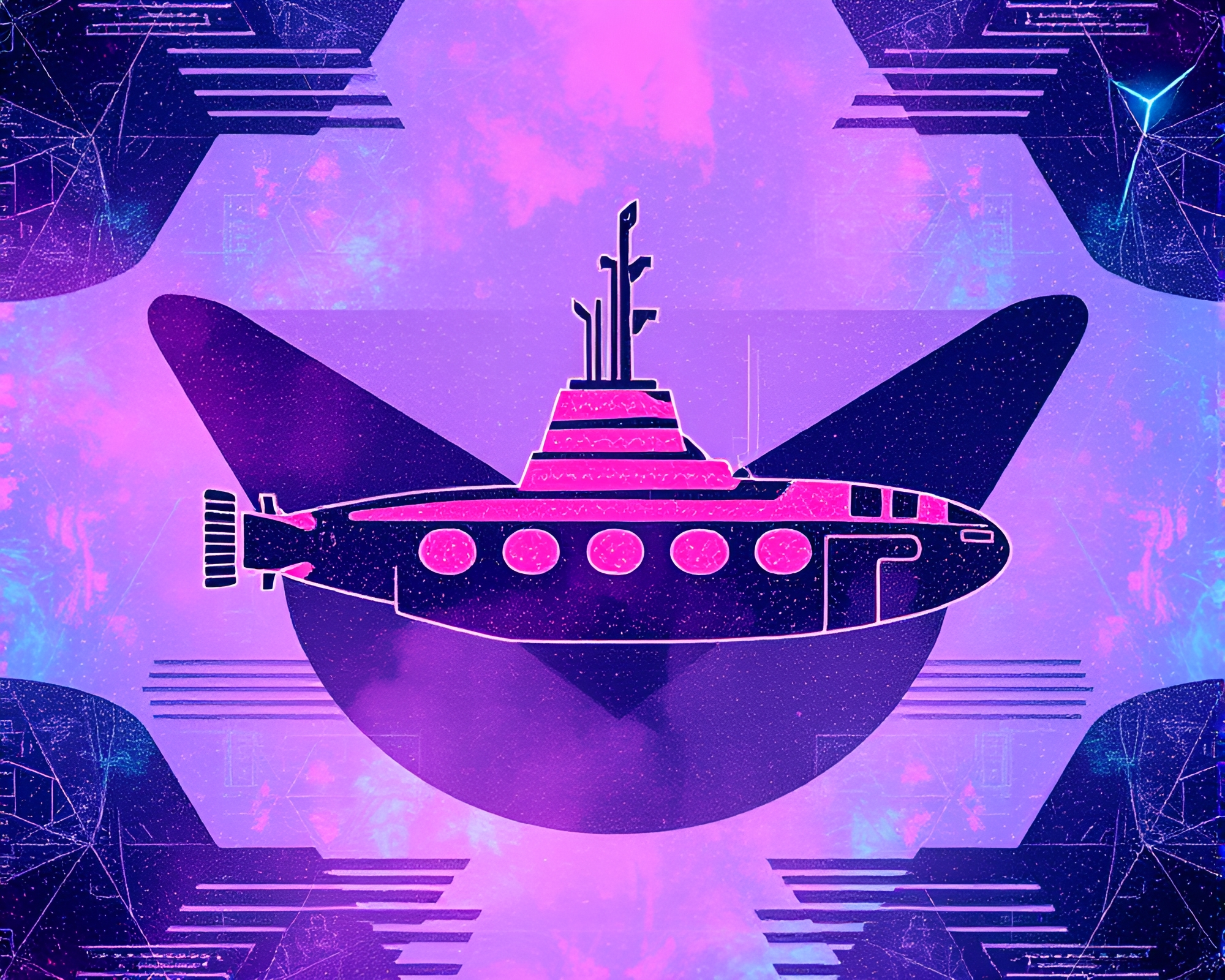 Synthwave Submarine in Acid Geometry – free AI stock image