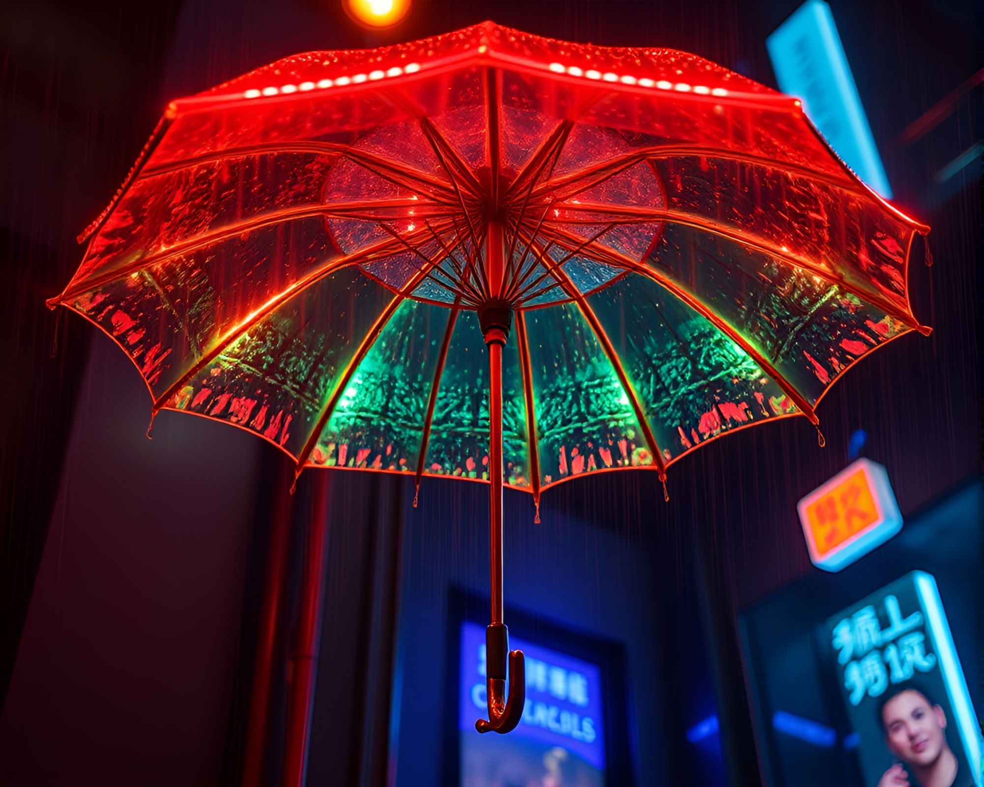 Neon-lit umbrella in copper verdigris data visualization – free AI stock image