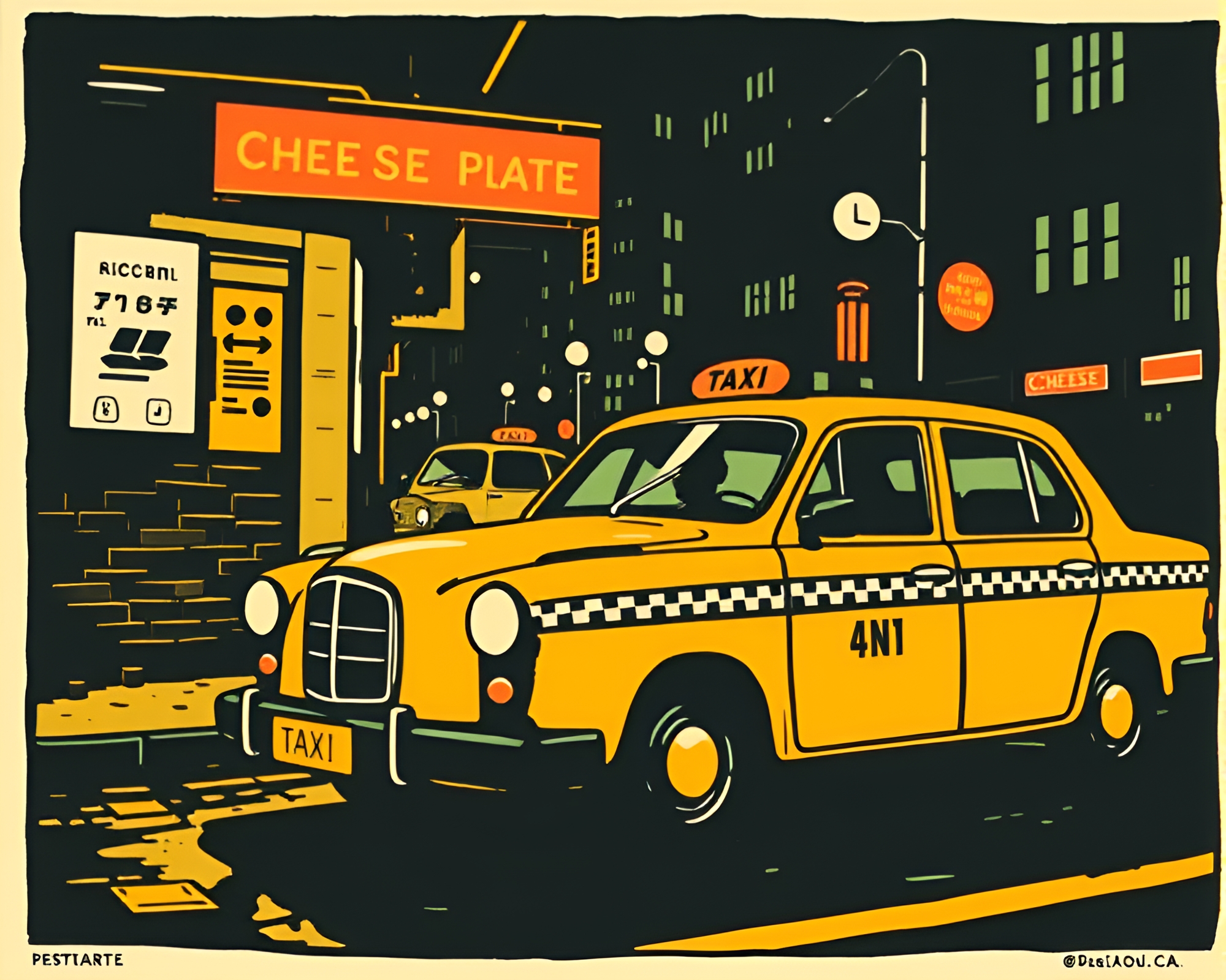 Taxi Blur Streak through Gloom, Cheese Platter Linocut Print – free AI stock image