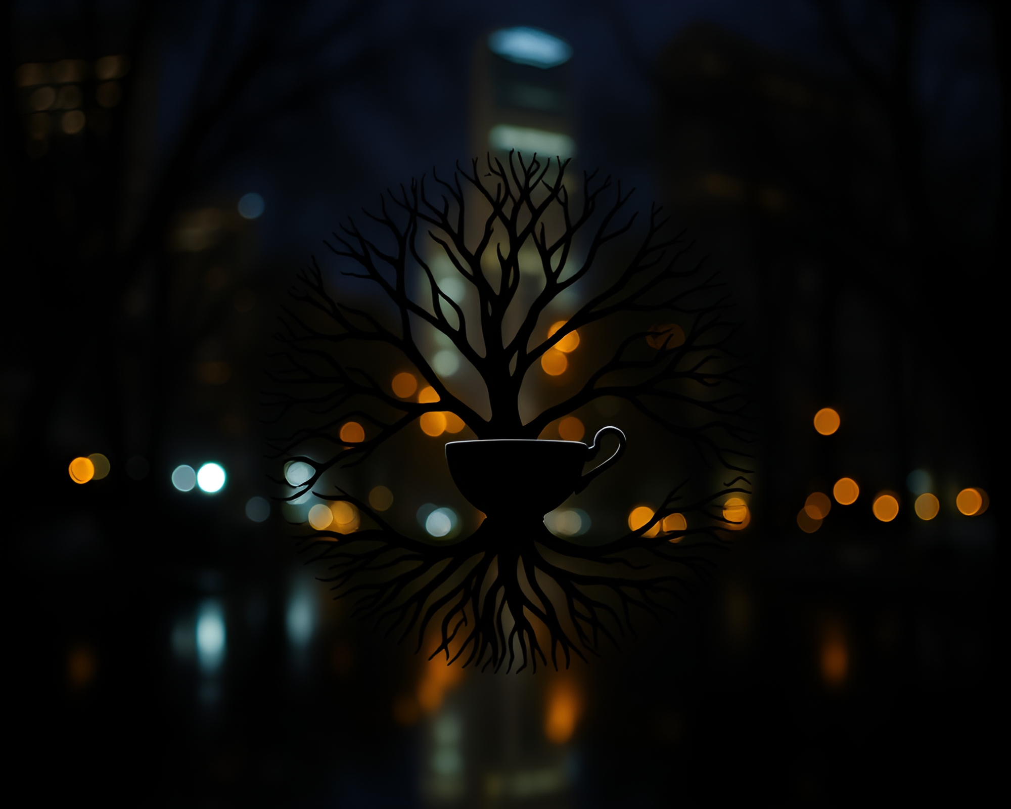 Ethereal Tea Cup Amidst City Lights and Tree Rings – free AI stock image