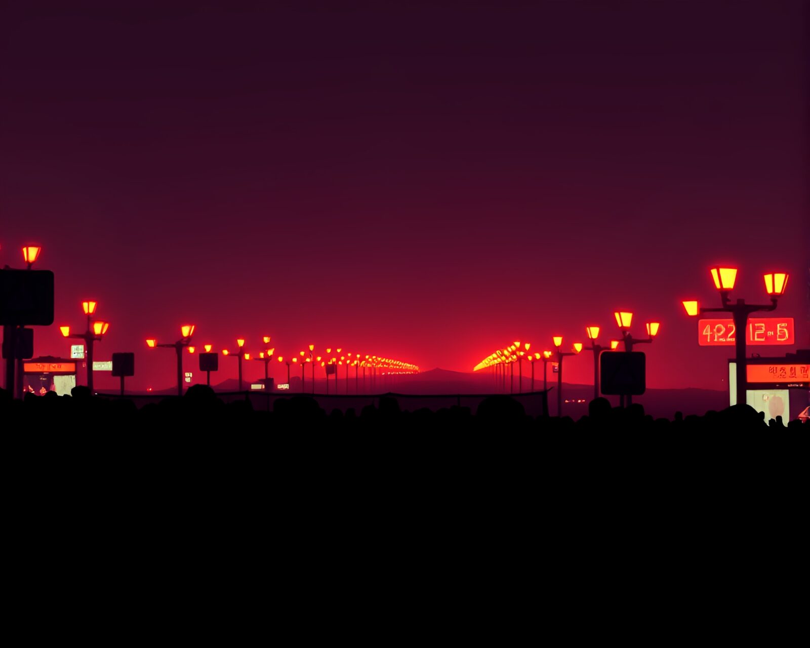 Streetlamp glow illuminates ASCII crowd silhouette in surreal setting
