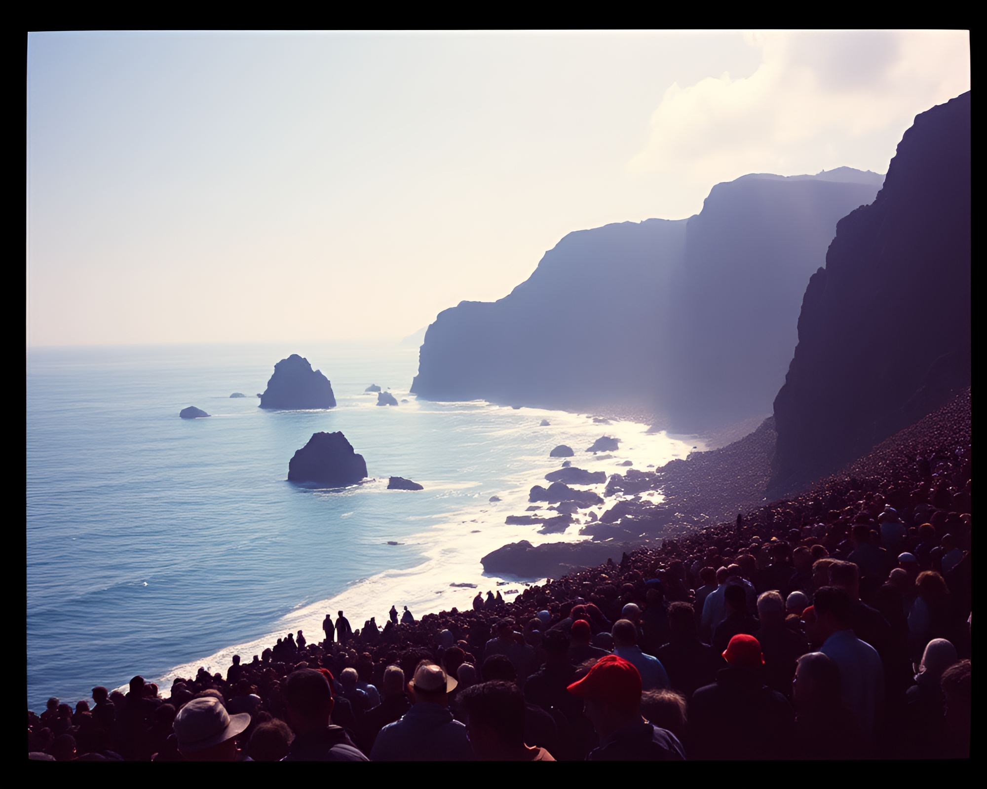 Crowd Silhouette at Vibrant Rocky Coastline Sunset – free AI stock image
