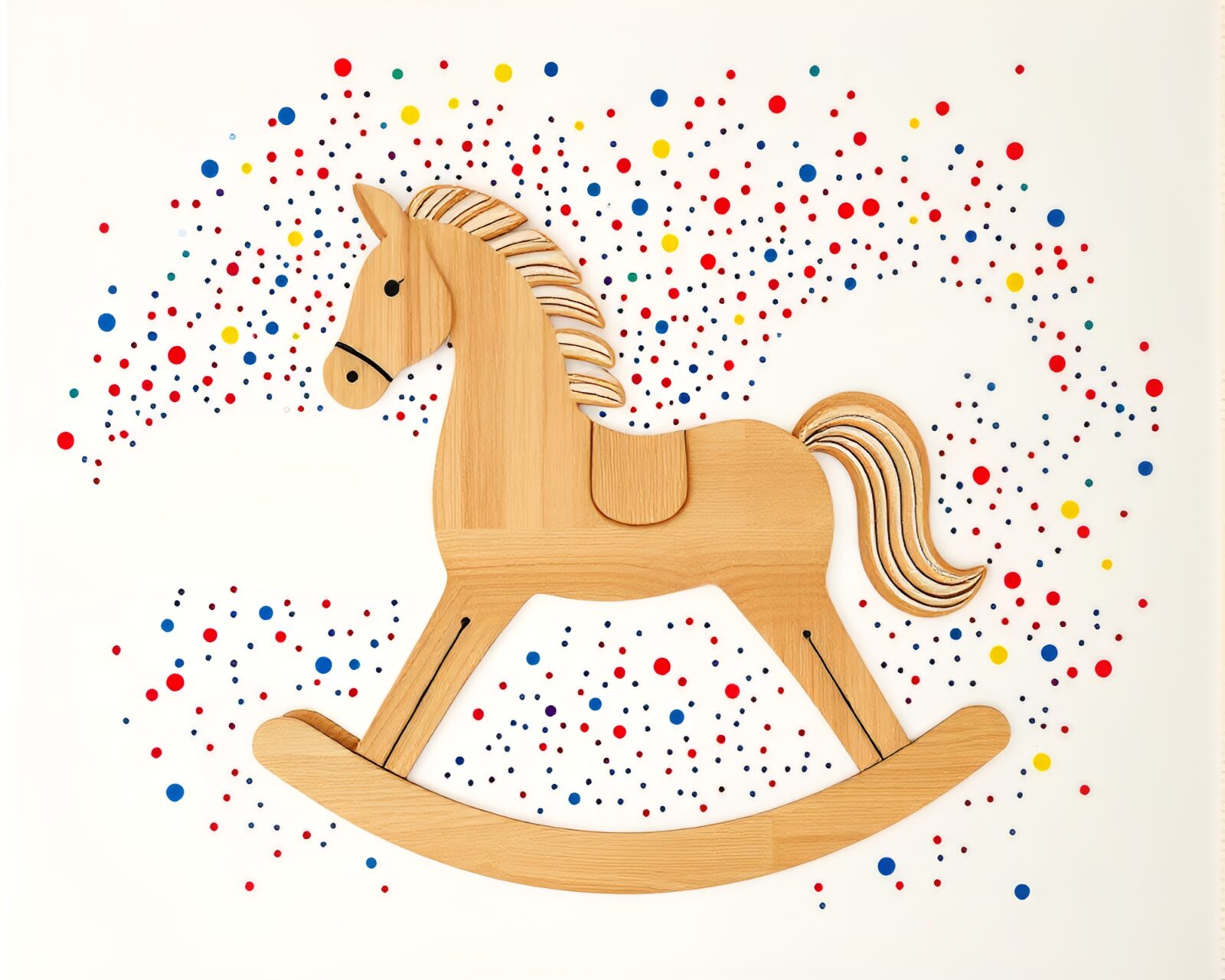 Wooden rocking horse silhouette among colorful cloud shapes