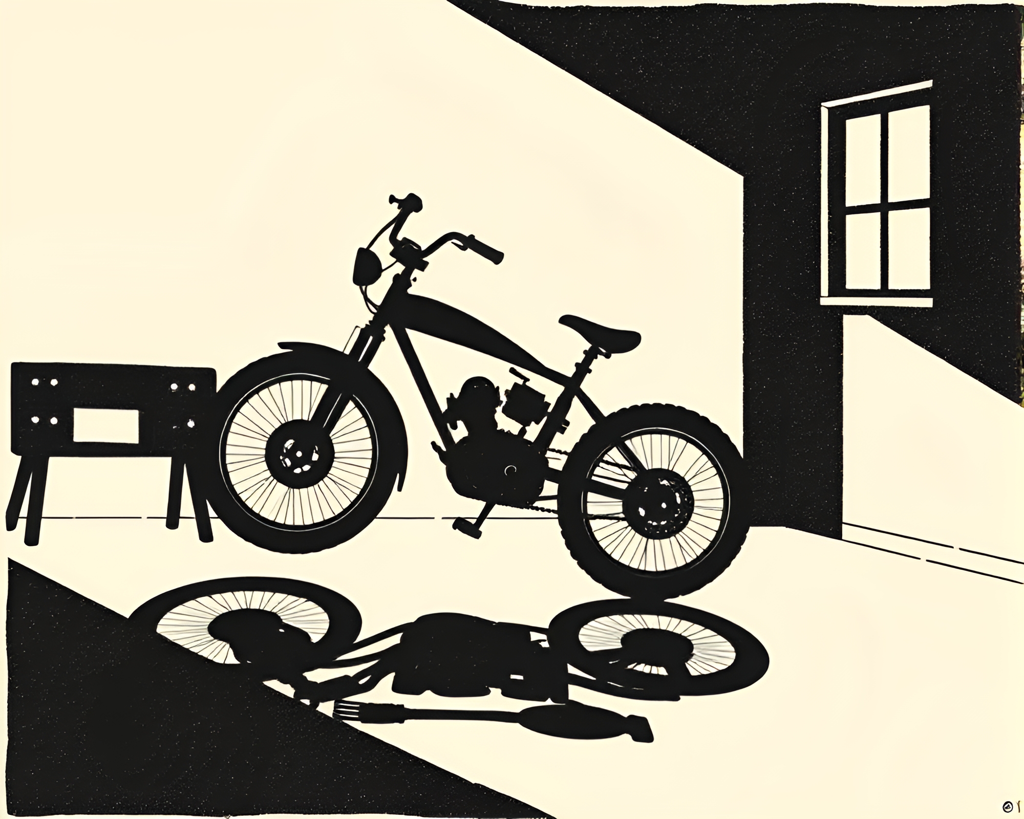Off-Center Hoverbike in Attic Shadows Linocut Print – free AI stock image