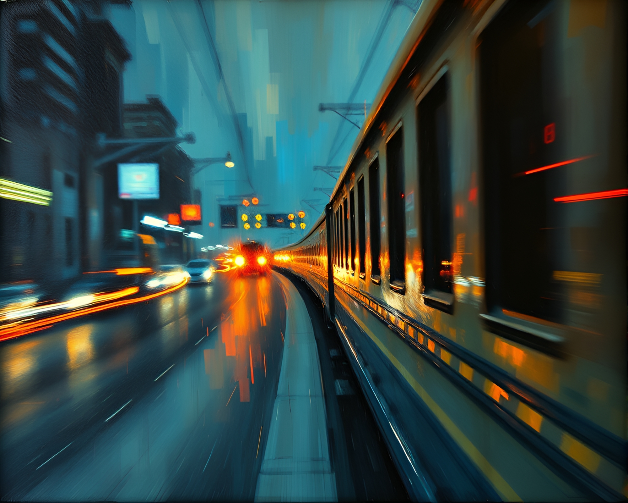 Encaustic Rickshaw amidst Train Light Trails – free AI stock image