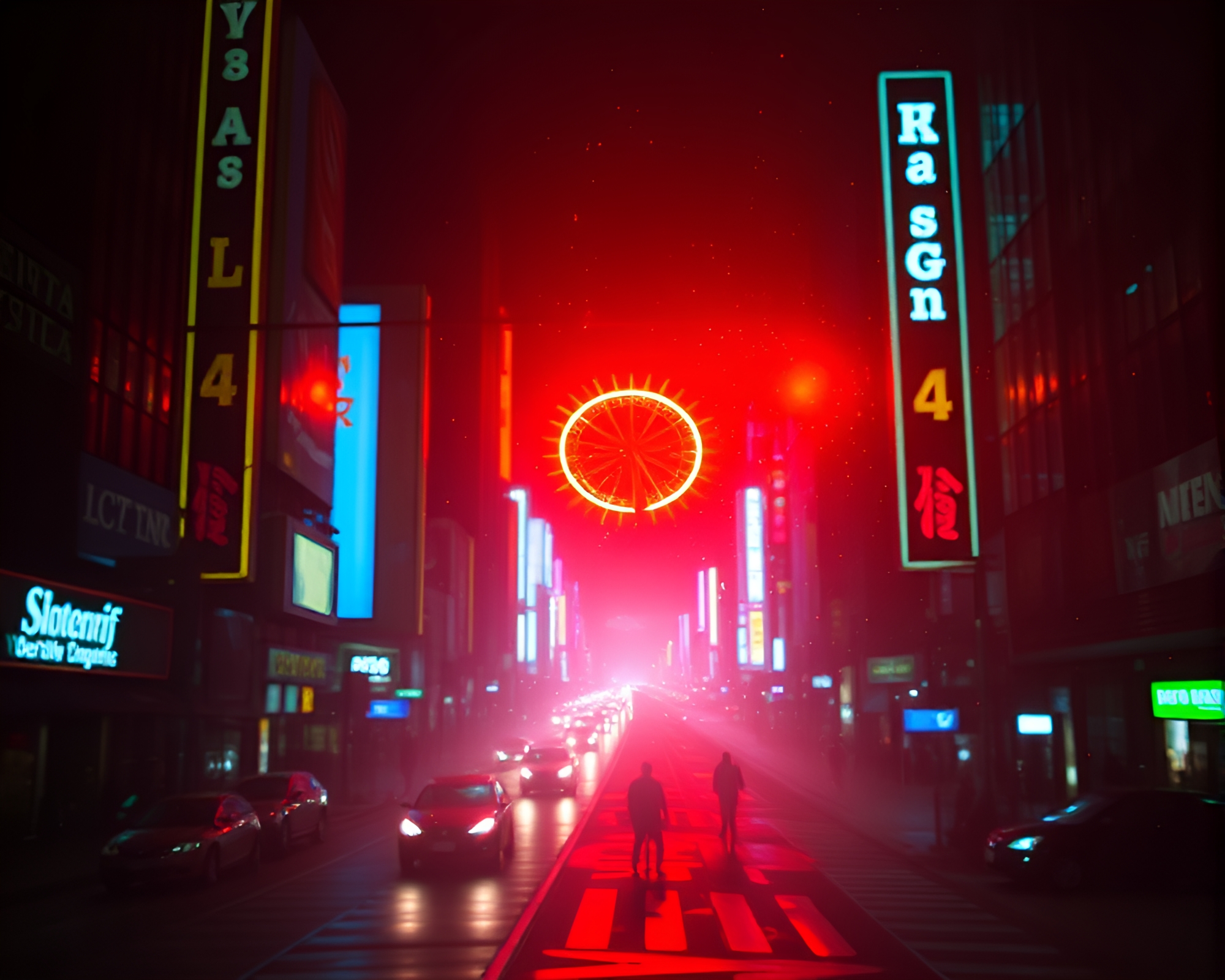 Neon Satyr in Fluid Simulation Cityscape with Sunburst Lens – free AI stock image