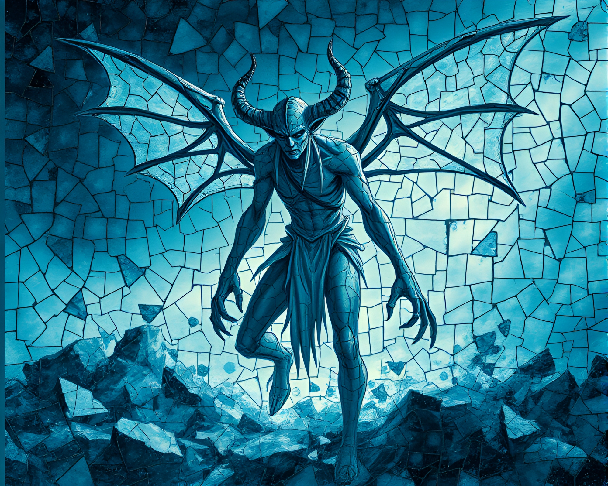 Frozen Djinn in Broken Mosaic Ruins – free AI stock image