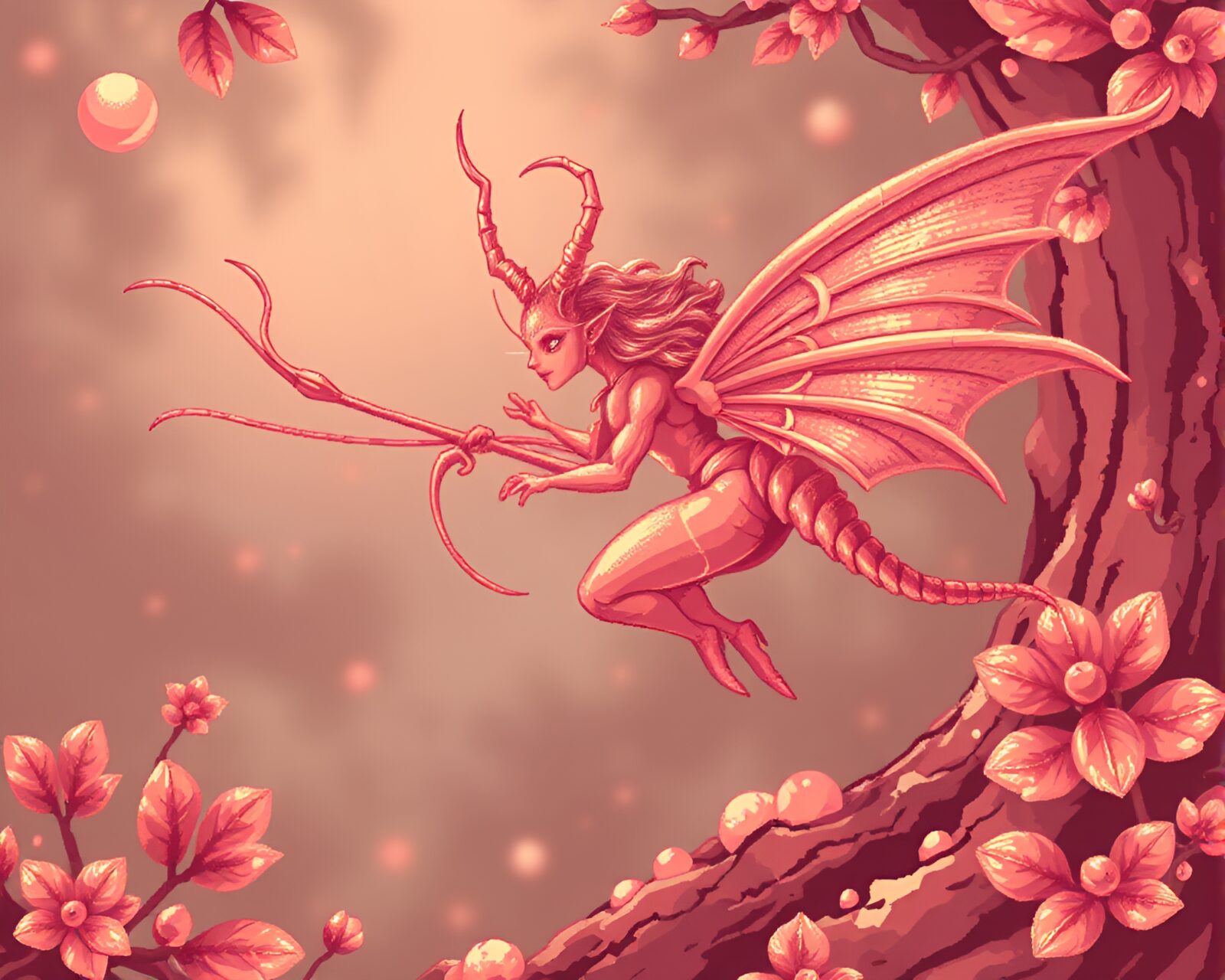 16-bit style nymph with rose gold lighting and hatching details