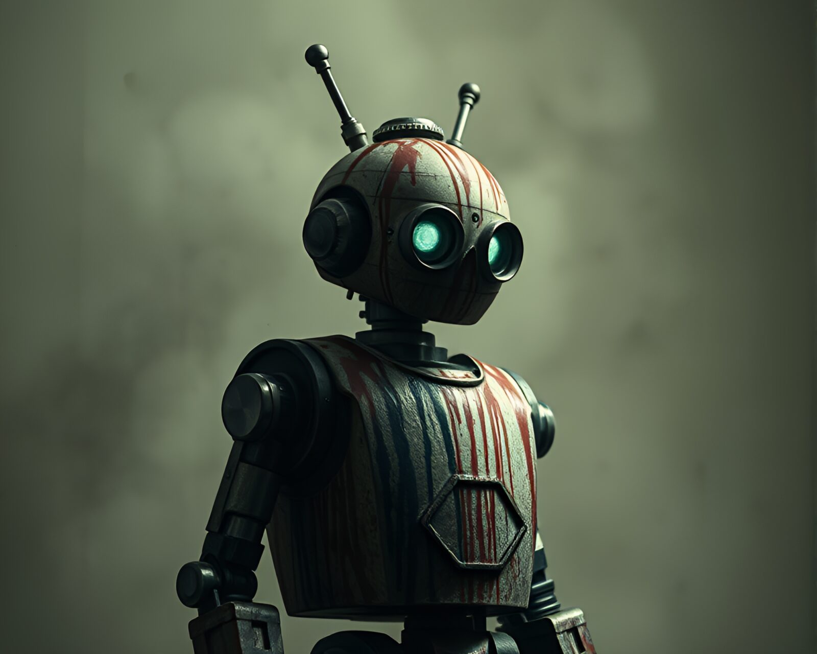 Steampunk robot surrounded by muted shadows and grainy textures.