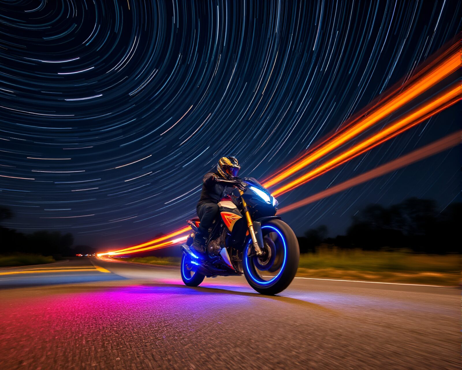 Vibrant hoverbike silhouetted against swirling star trails in sky