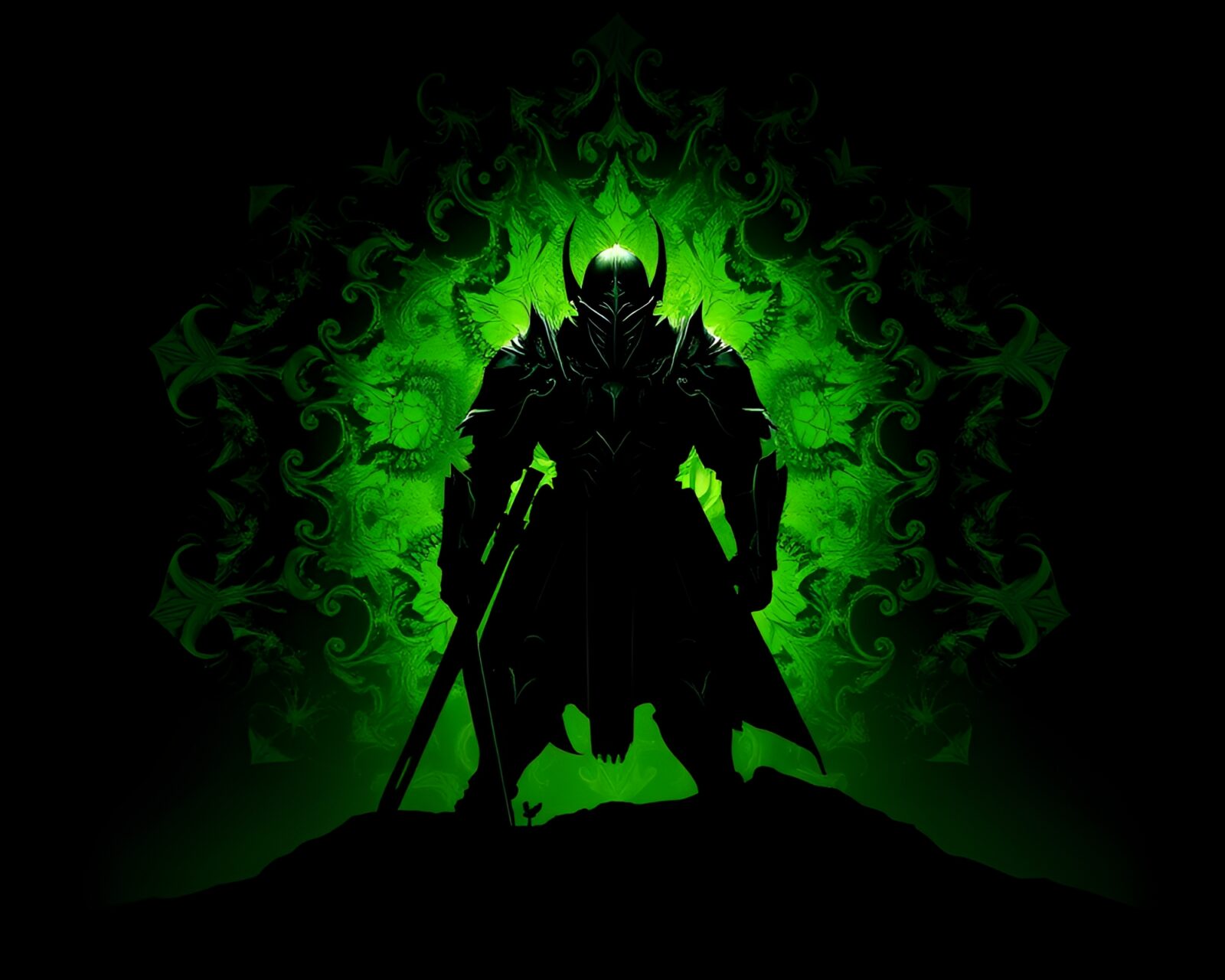 Shadowy figure in green fractal armor with intricate patterns