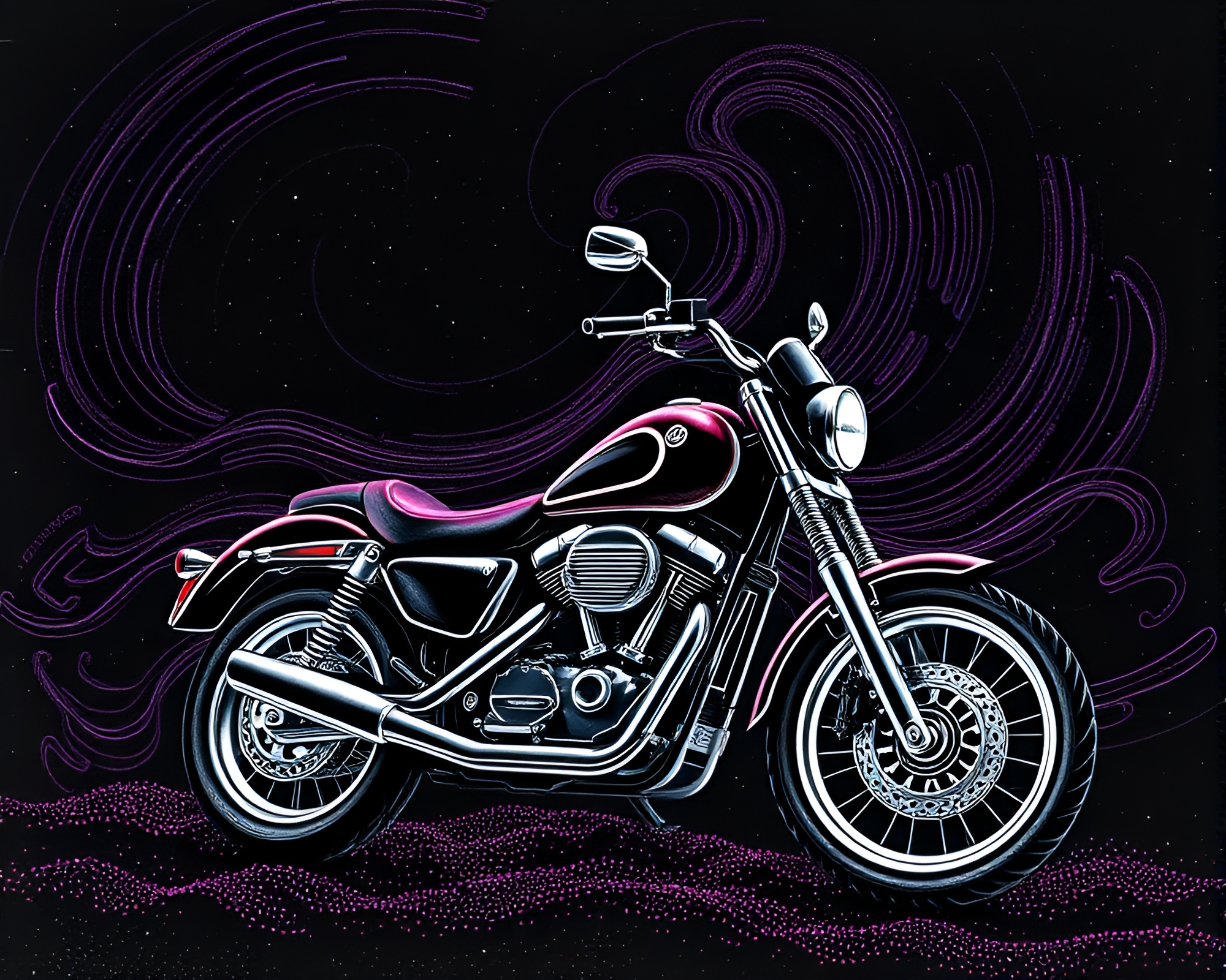 Neon Motorcycle under Milky Way Stippling Engraving – free AI stock image