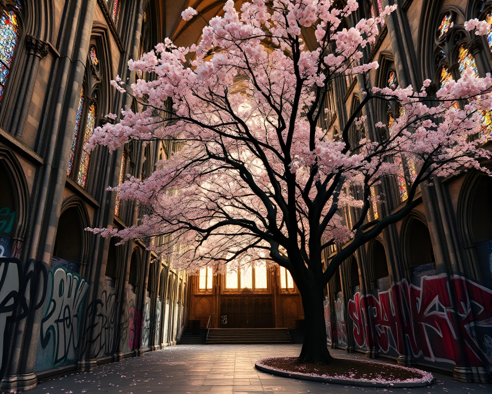 Wide shot of a cherry blossom tree illuminated by stained glass light in graffiti style