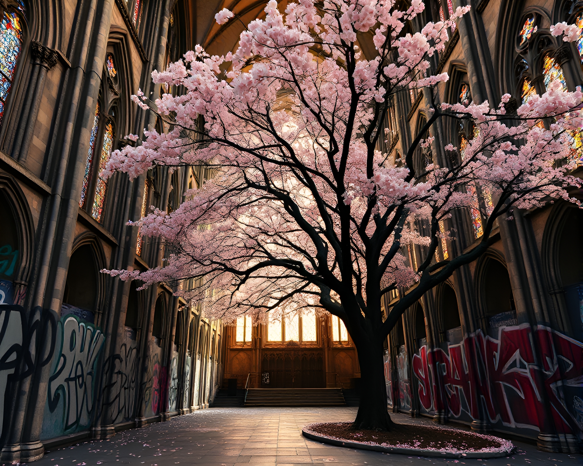 Cherry Blossom Cathedral: Graffiti Artistry – free AI stock image