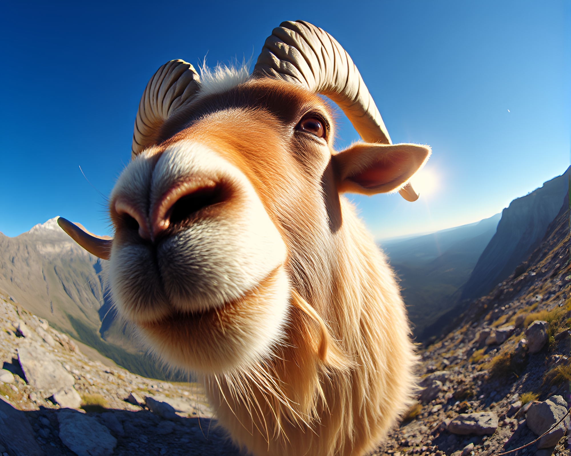 Surreal Mountain Goat Under Fisheye Sheen – free AI stock image