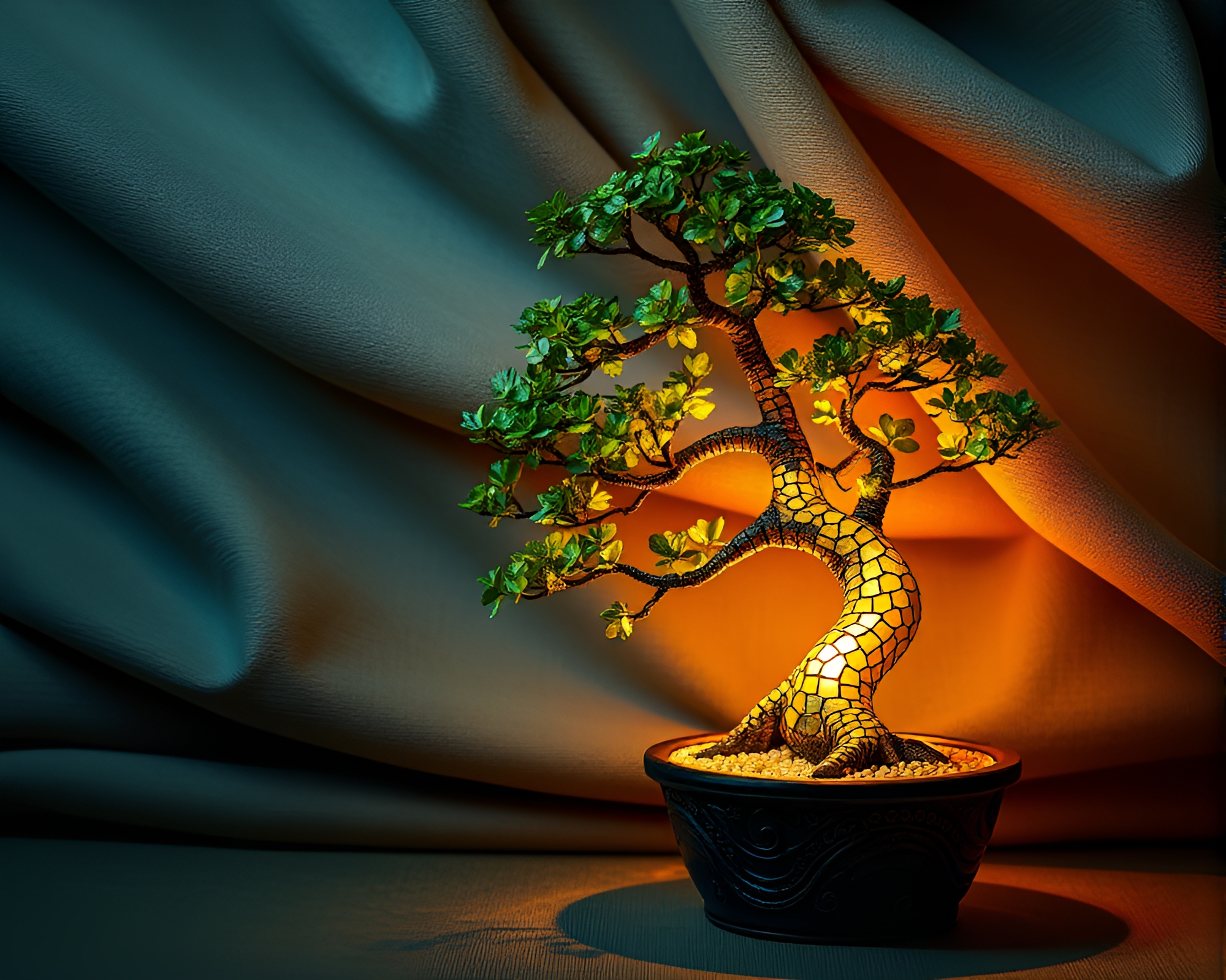 Bonsai Tree in Tri-tone Fabric Mosaic Lighting Composition – free AI stock image