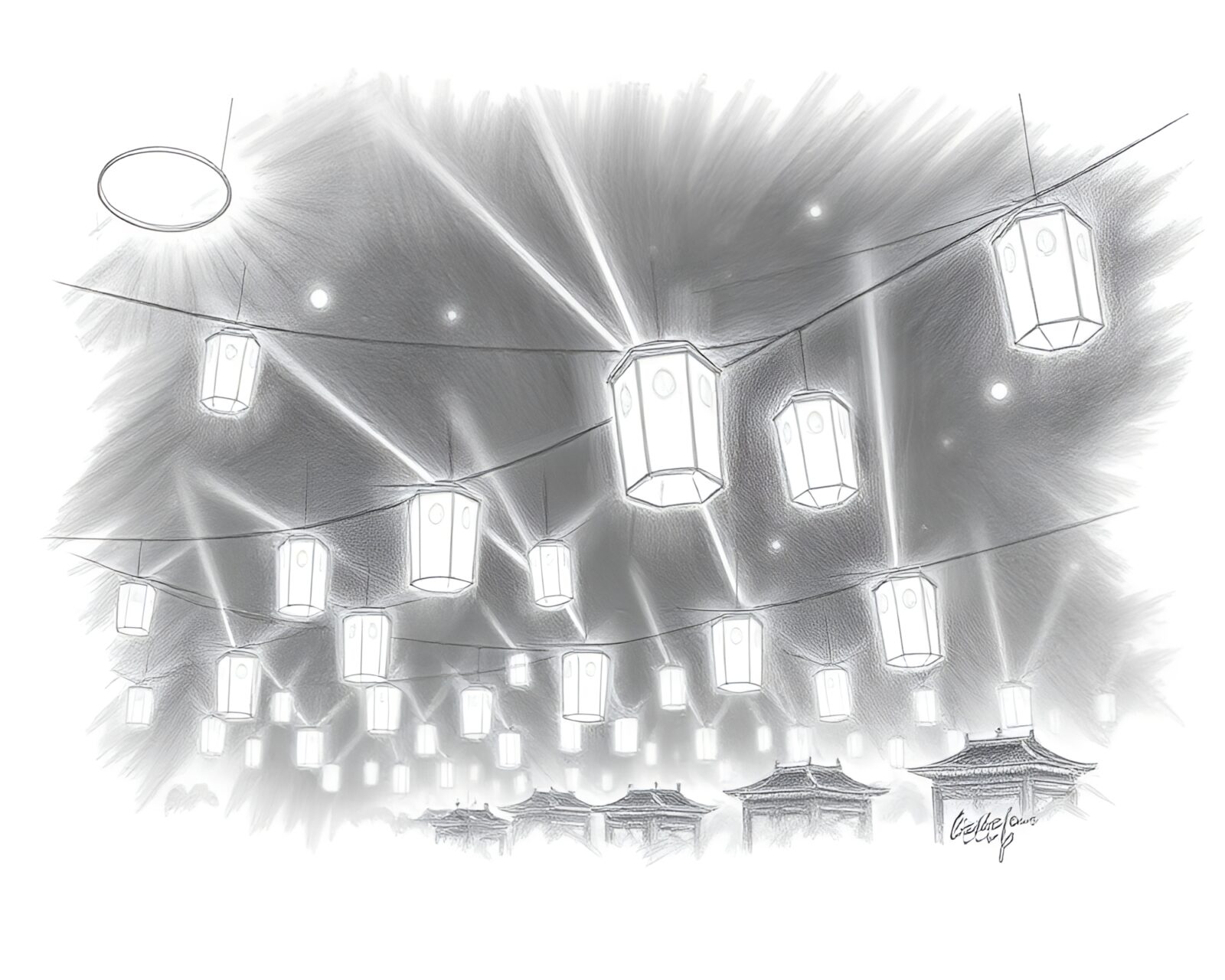 Backlit silhouette of floating lanterns with laser beam accents