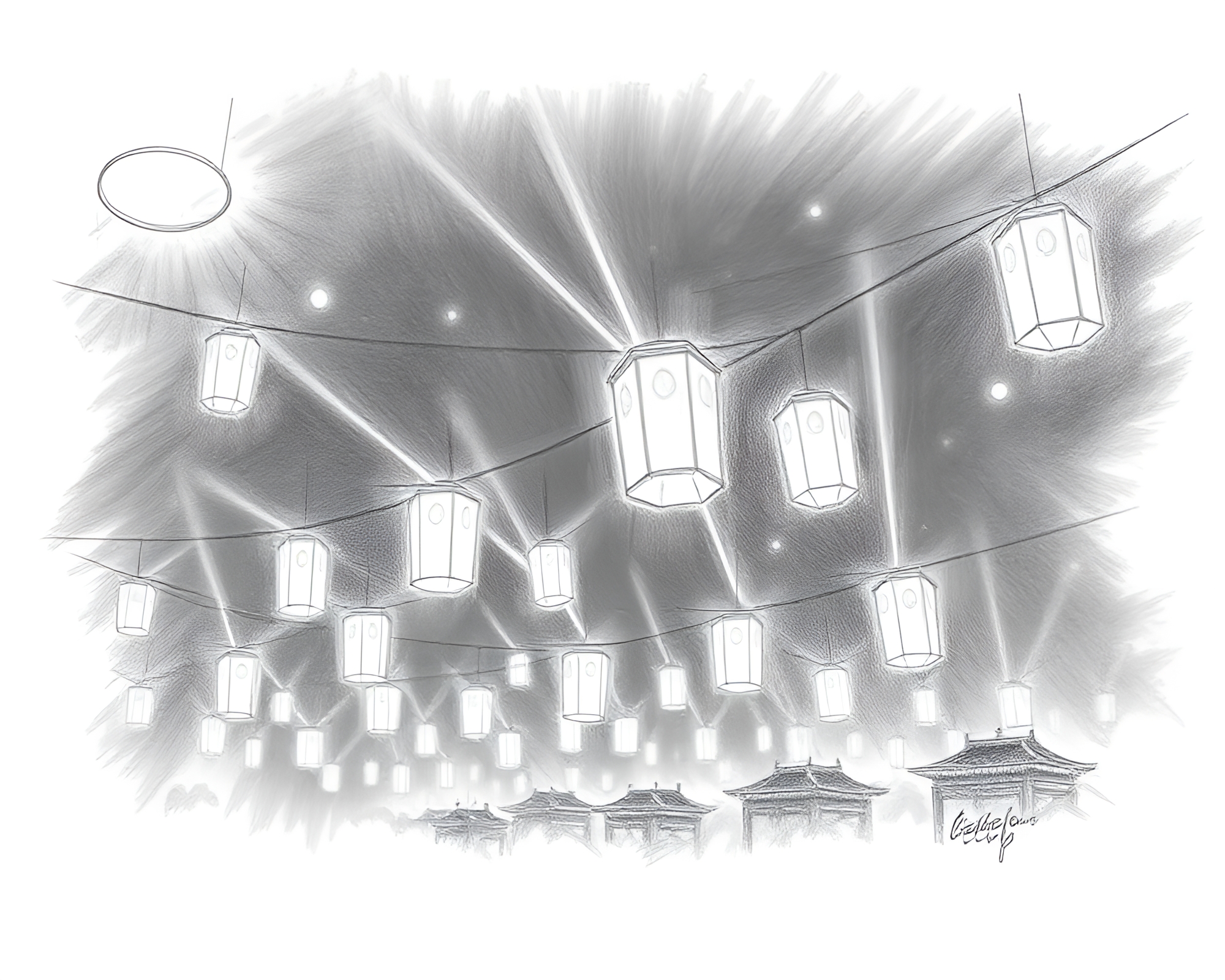 Laser Lanterns: Silhouetted Fantasy Sketch – free AI stock image