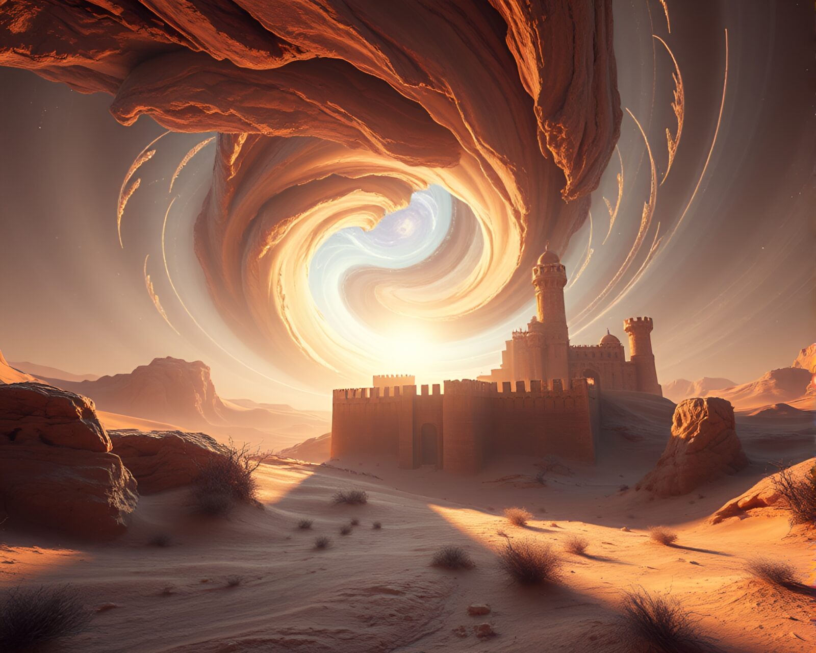 Majestic castle surrounded by swirling digital vortex in real-time ray tracing