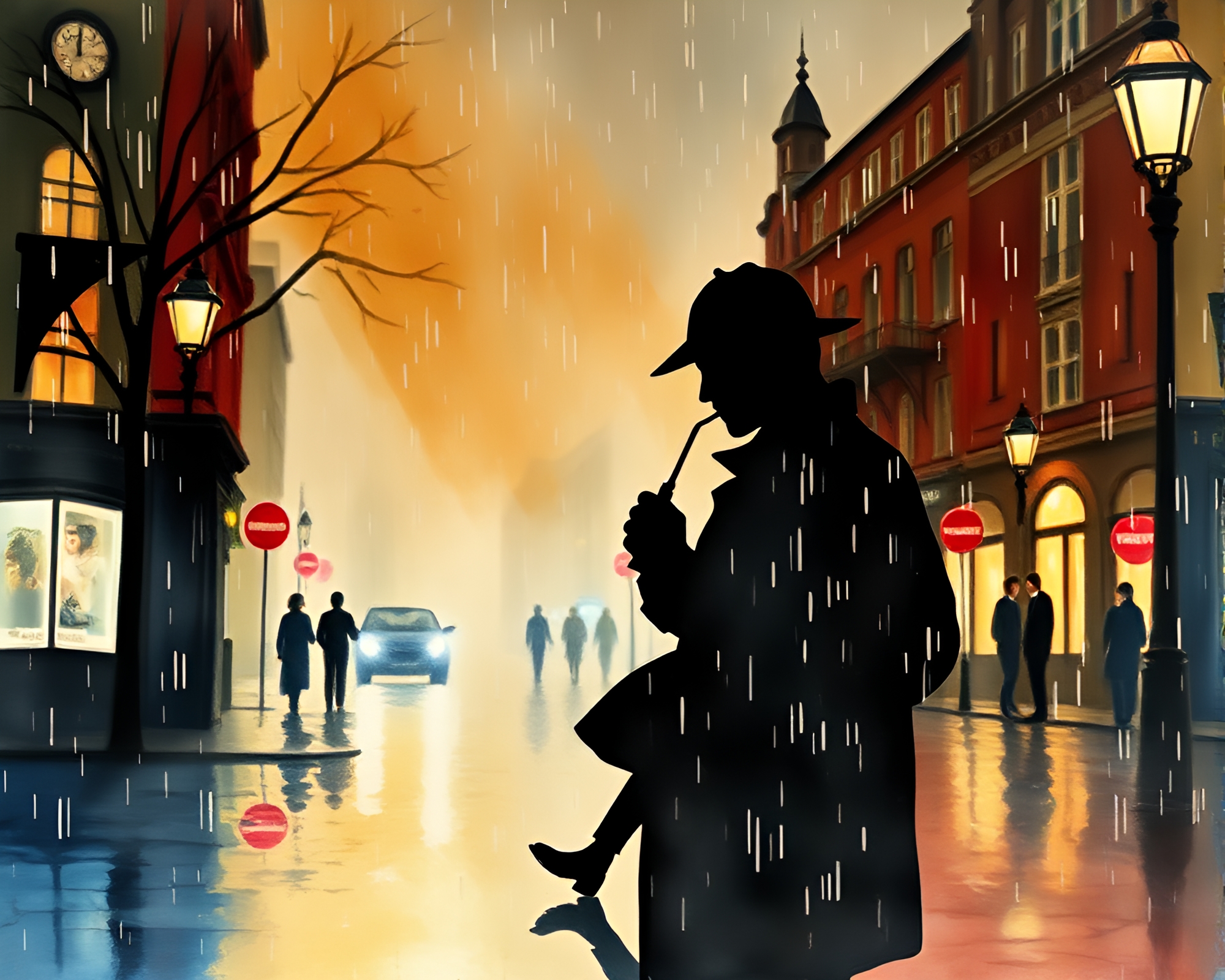 Sherlock Holmes silhouette in rainy watercolor film burn – free AI stock image