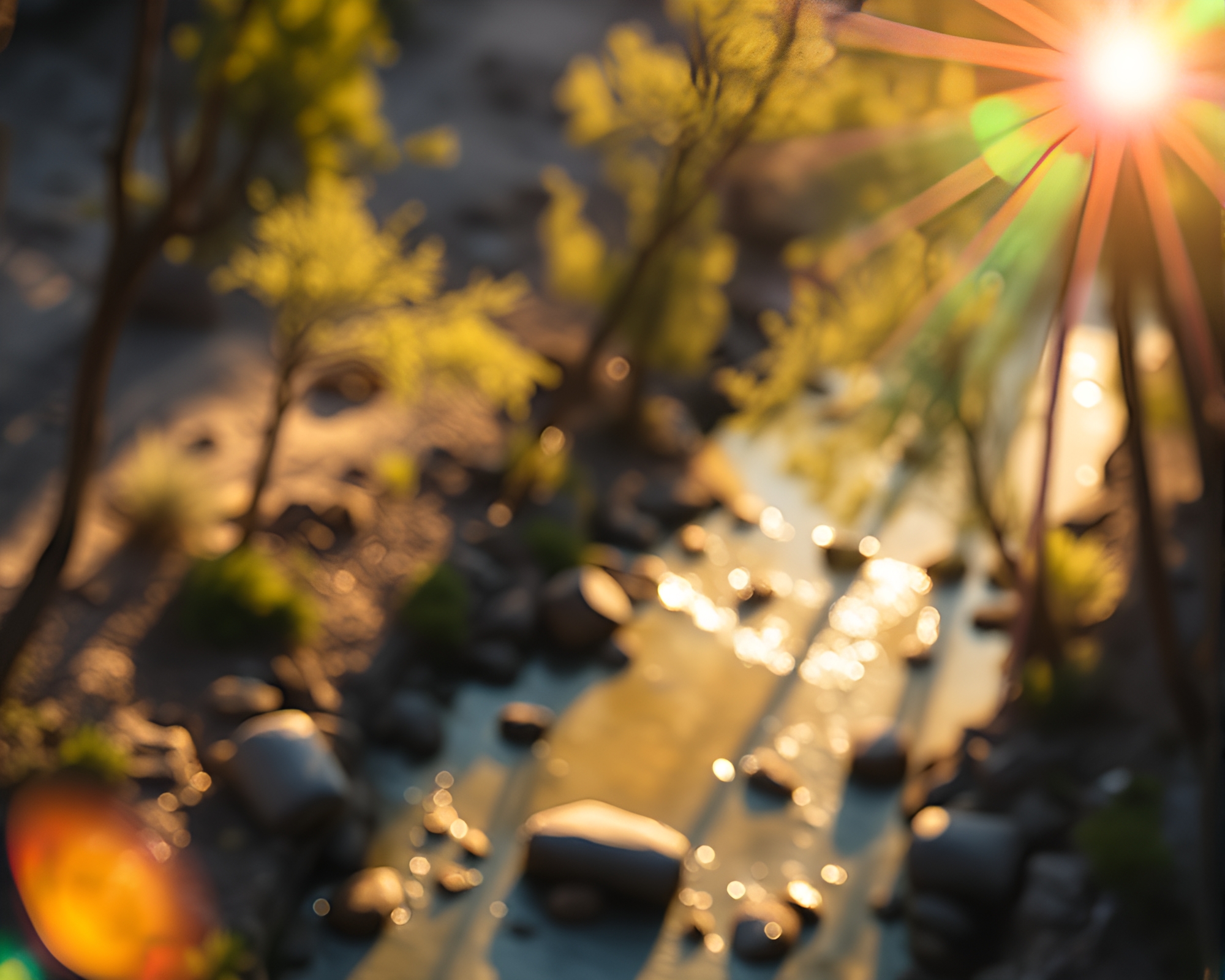 Savage River Sun Glares Through Mosaic Lighting – free AI stock image